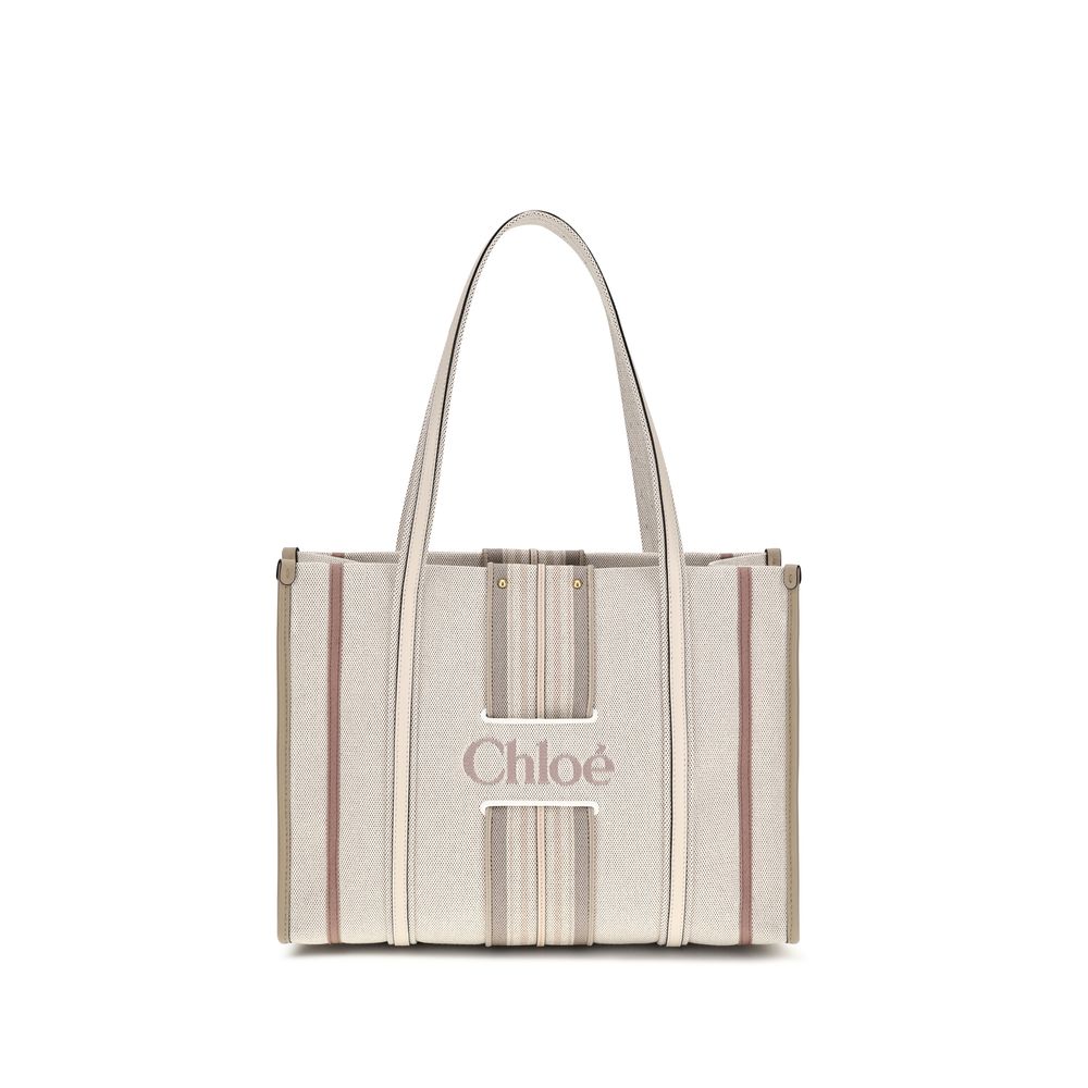 Chloé Woody Loop Tote Bag in Nude cotton canvas with leather trim and embroidered logo.