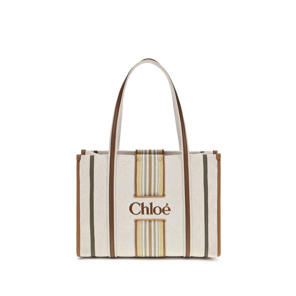 Chloé Woody Loop Tote Bag in Pure Brown cotton canvas with leather trim and embroidered logo.