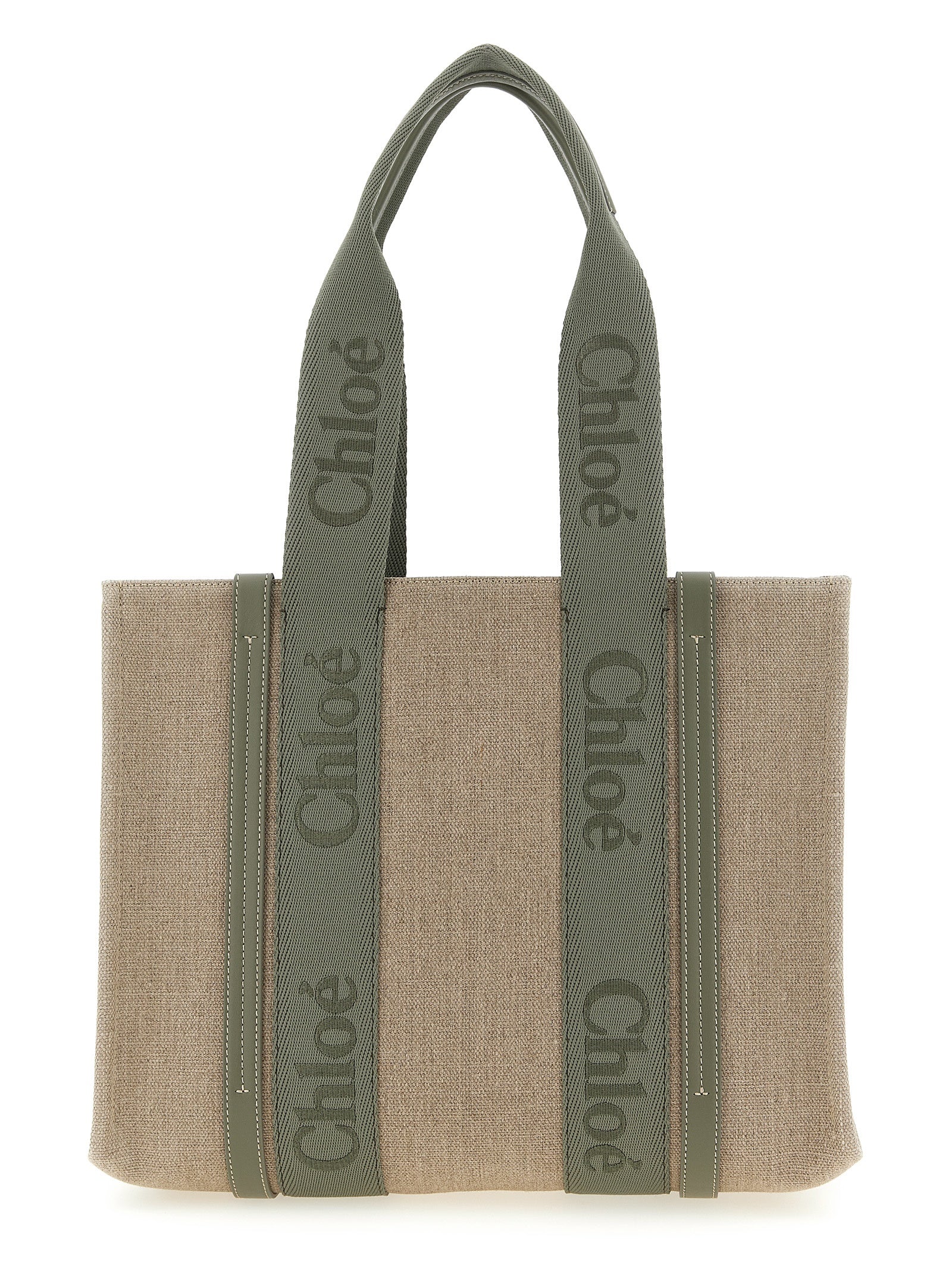 Chloé Woody Medium Tote Bag in linen canvas and Aloe Green leather front view.