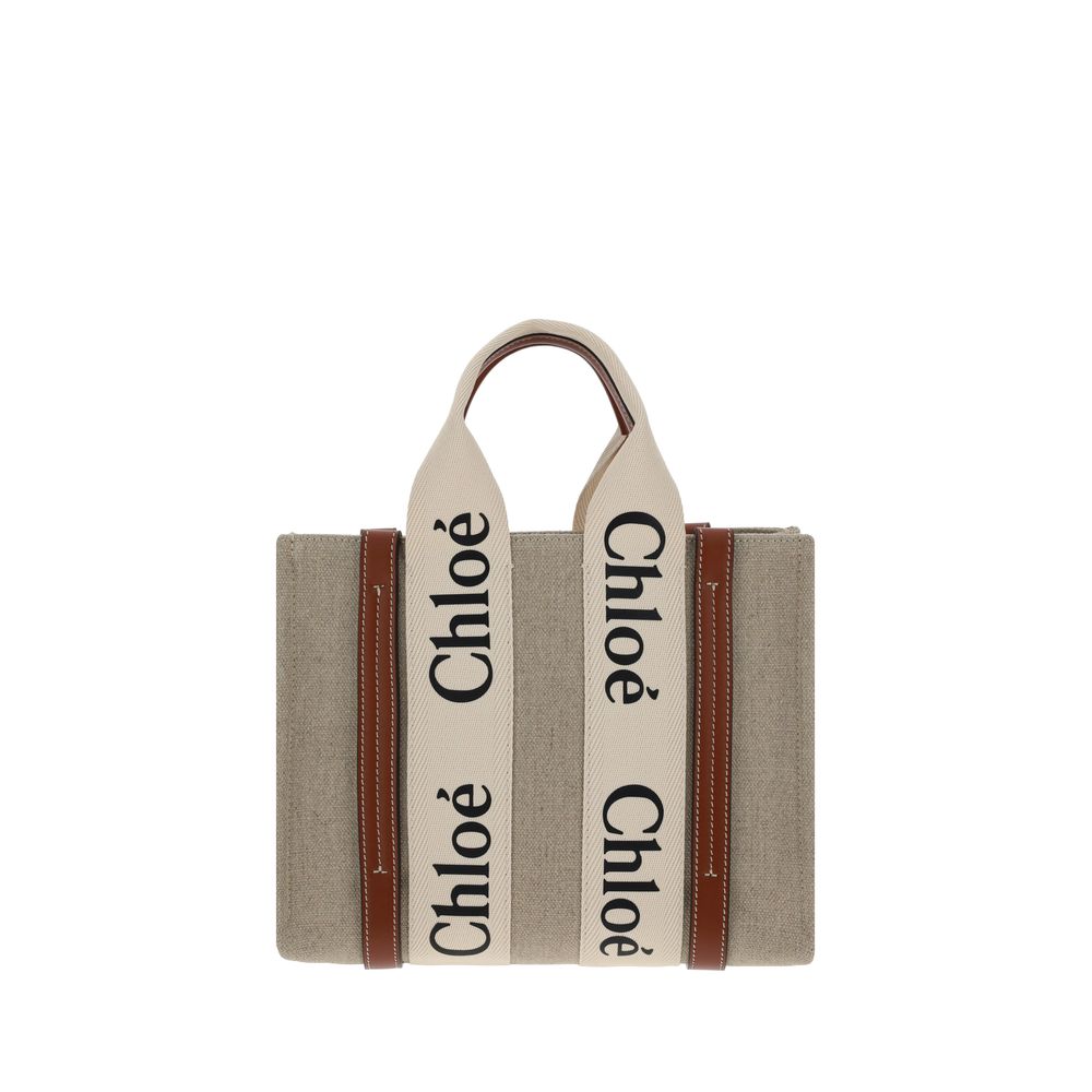 Chloé Woody Small Tote Bag in linen canvas with deep brown leather trim.