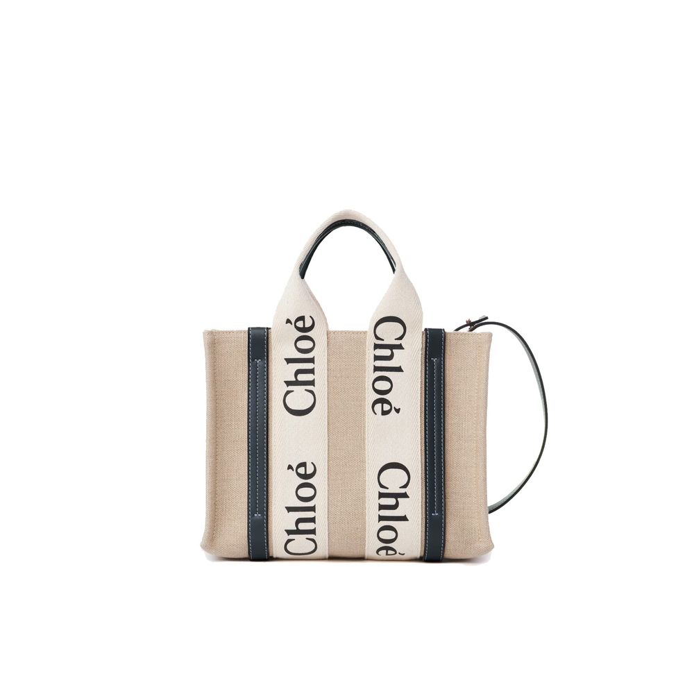Chloé Small Woody Tote Bag in White and Blue linen canvas with shiny calfskin strips and logo ribbon.