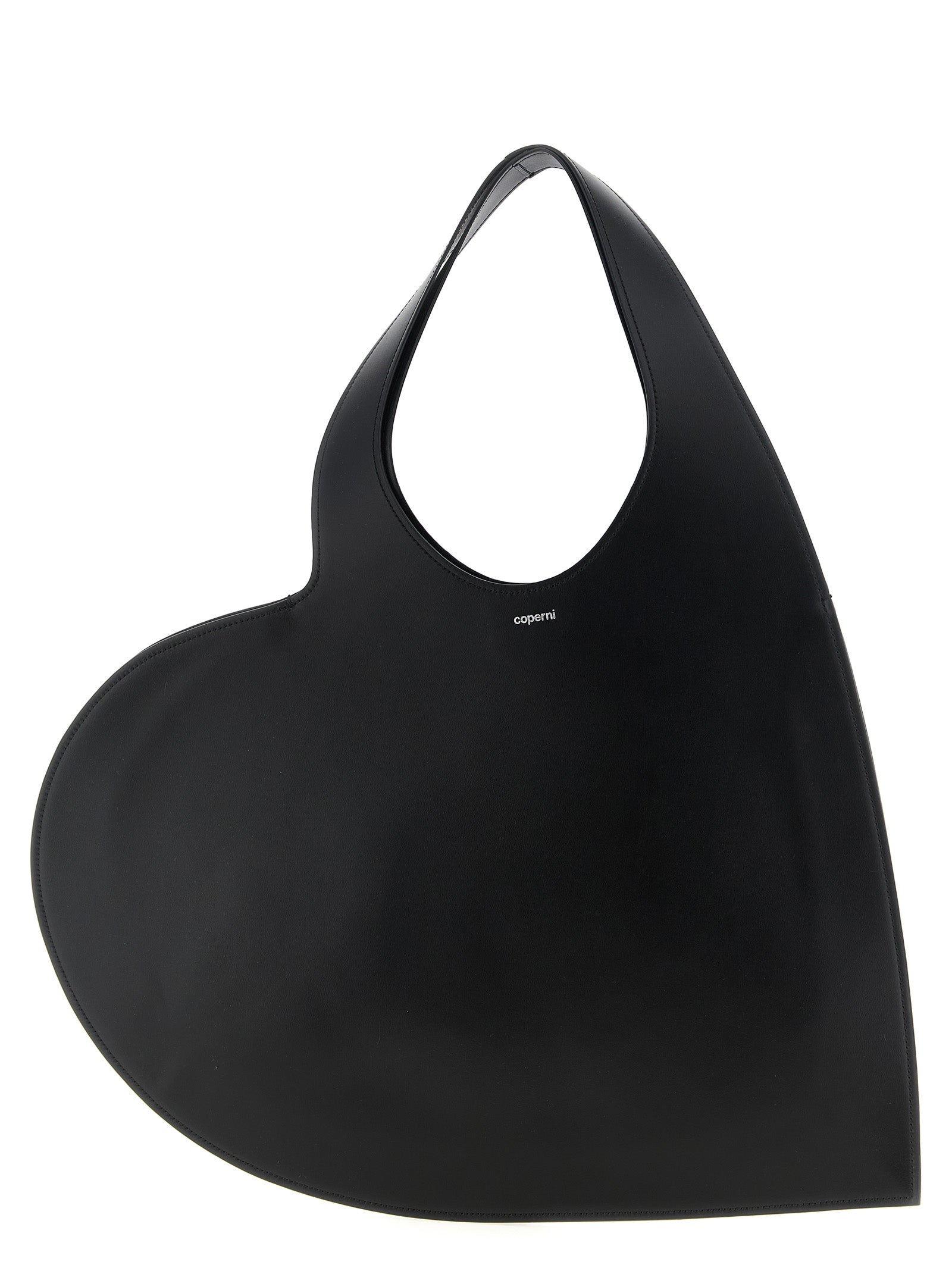 Coperni Double Heart Tote in black calf leather, featuring a hardware-free minimalist design and a sculpted top handle from The Exclusive Line Singapore.
