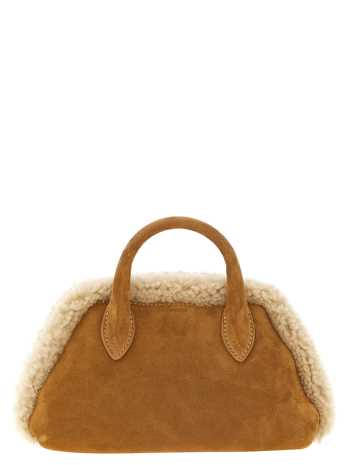 Coperni Duffle Belt Bag in camel suede calfskin featuring plush shearling trim and silver zip closure.
