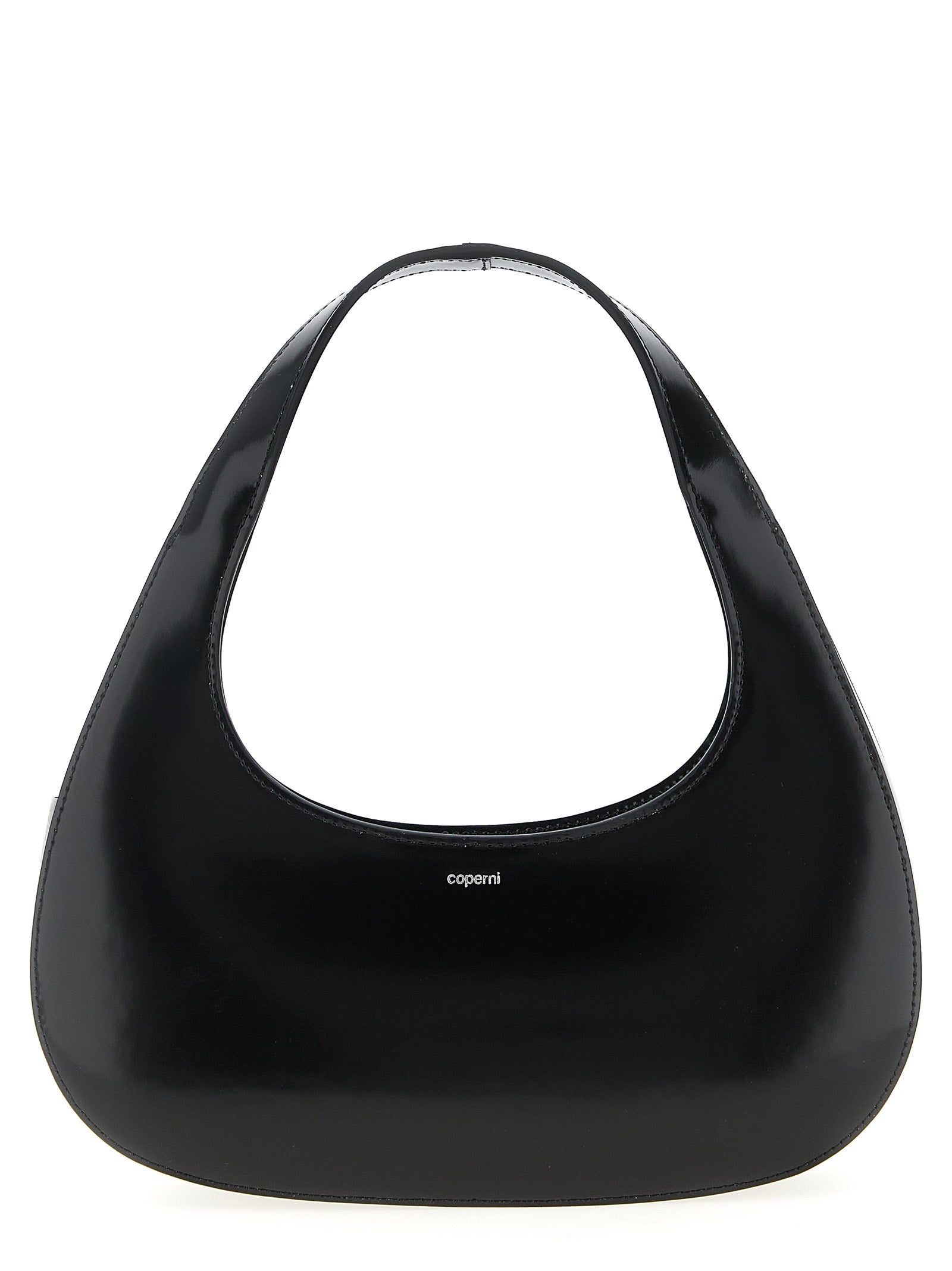 Coperni Loop Swipe Bag in smooth black matte leather showing its unique sculptural loop handle and silver logo from The Exclusive Line Singapore.
