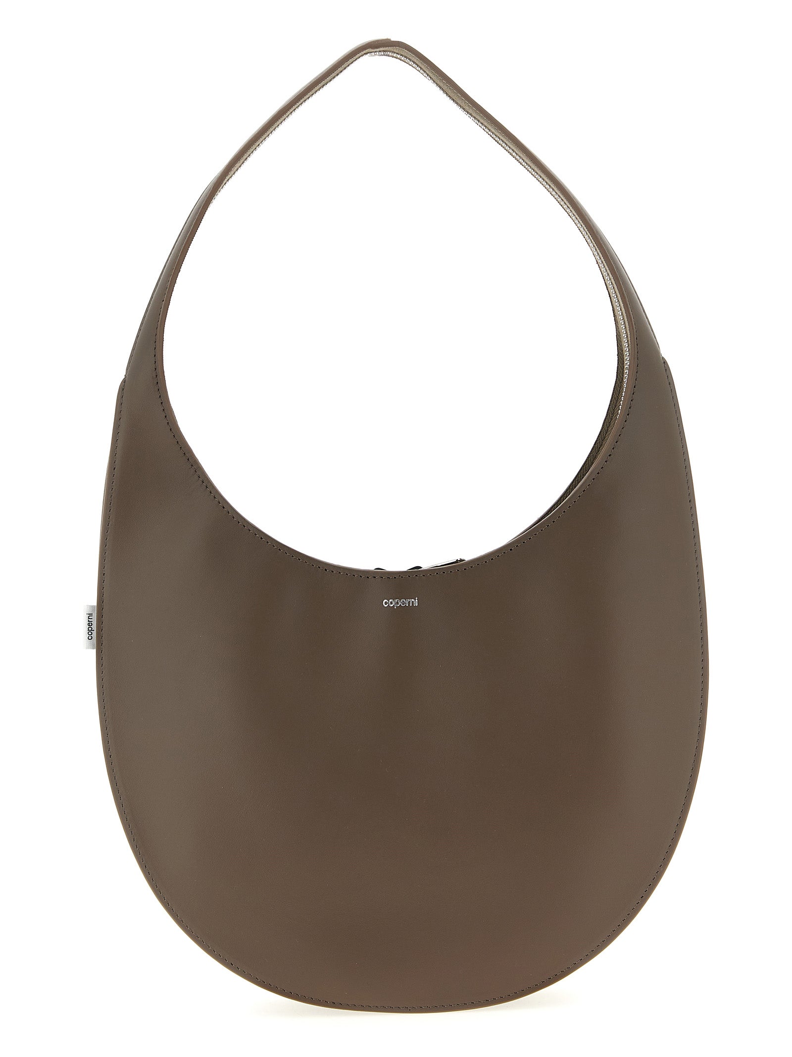 Coperni Medium Soft Swipe Bag in smooth brown soft leather featuring its continuous oval silhouette and silver logo from The Exclusive Line Singapore.