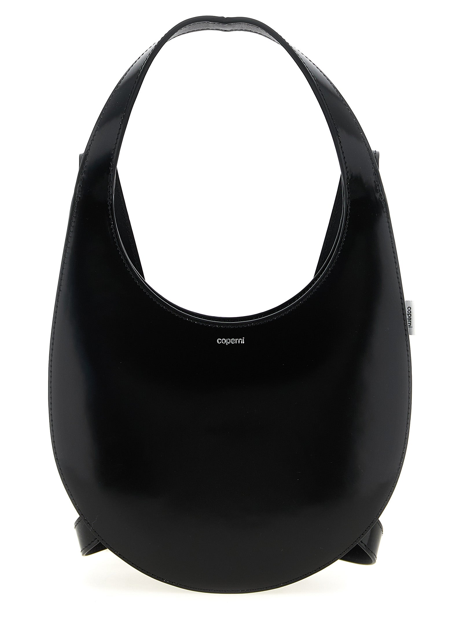 Coperni Swipe Backpack in smooth black leather featuring its iconic circular silhouette and silver logo from The Exclusive Line Singapore.
