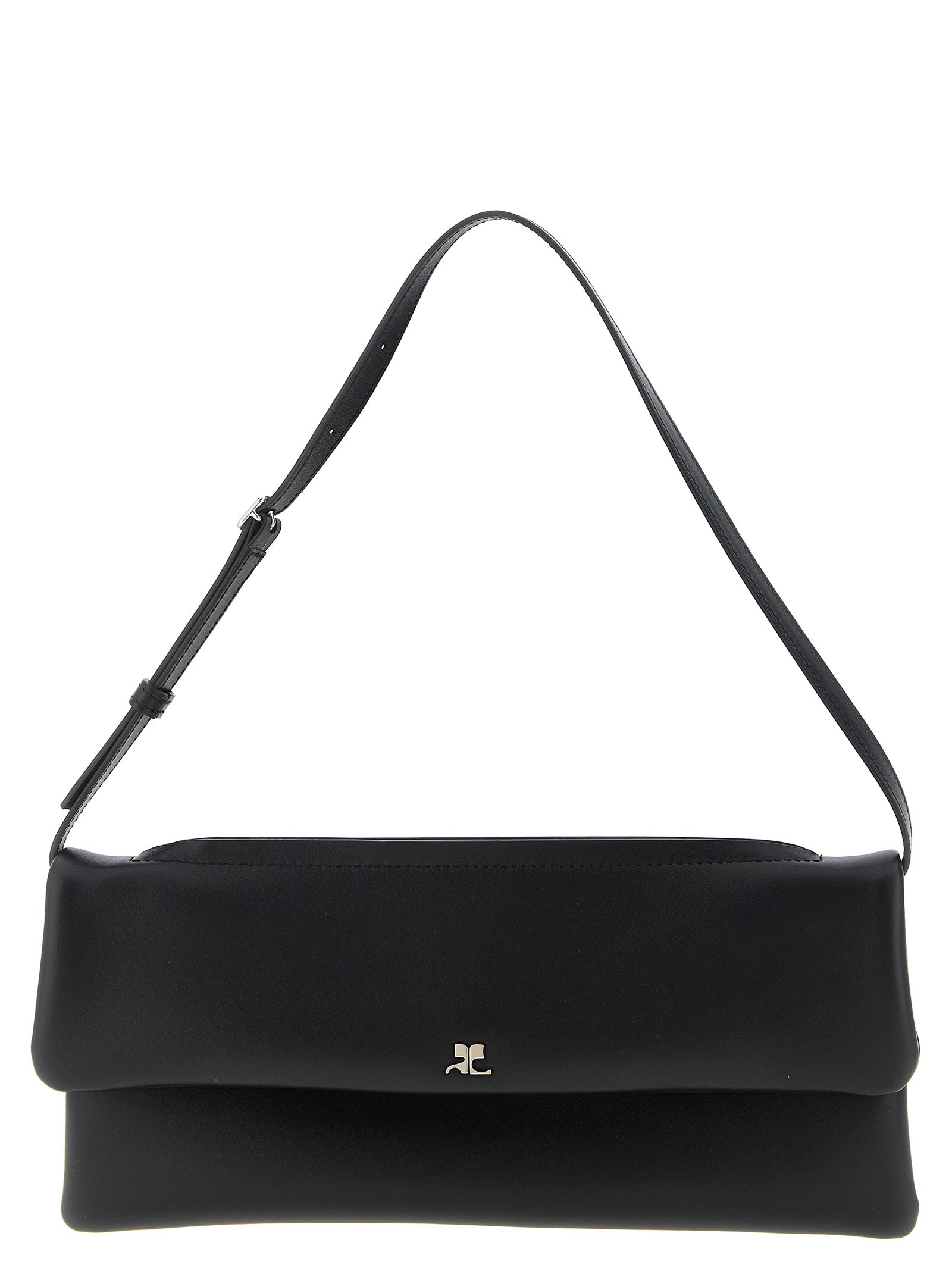 Courrèges Cuff Clutch in black smooth calfskin leather with a sleek geometric silhouette and metallic AC logo.