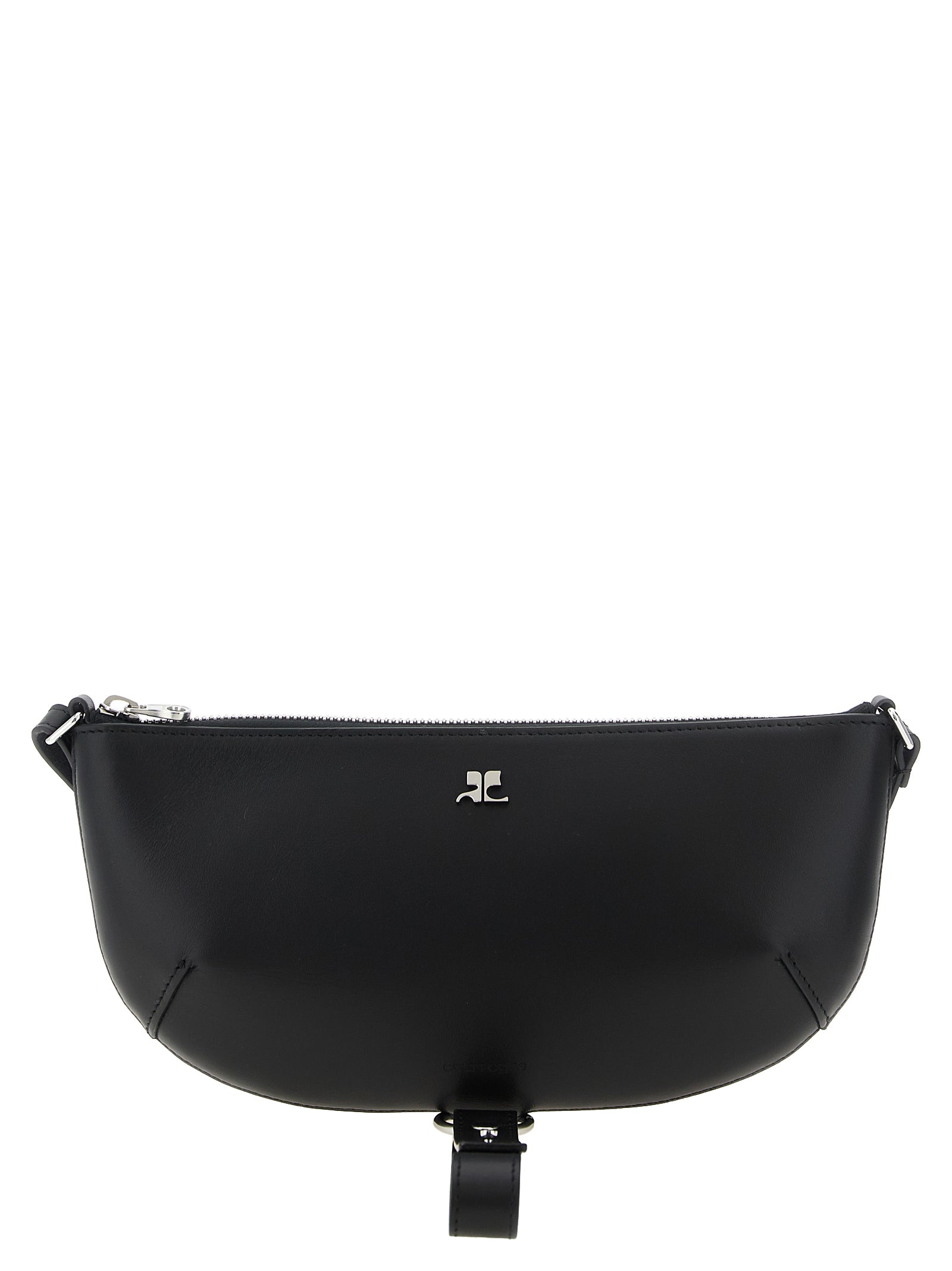 Courrèges Holy Eclipse shoulder bag in black smooth leather featuring a crescent silhouette and metallic AC logo.