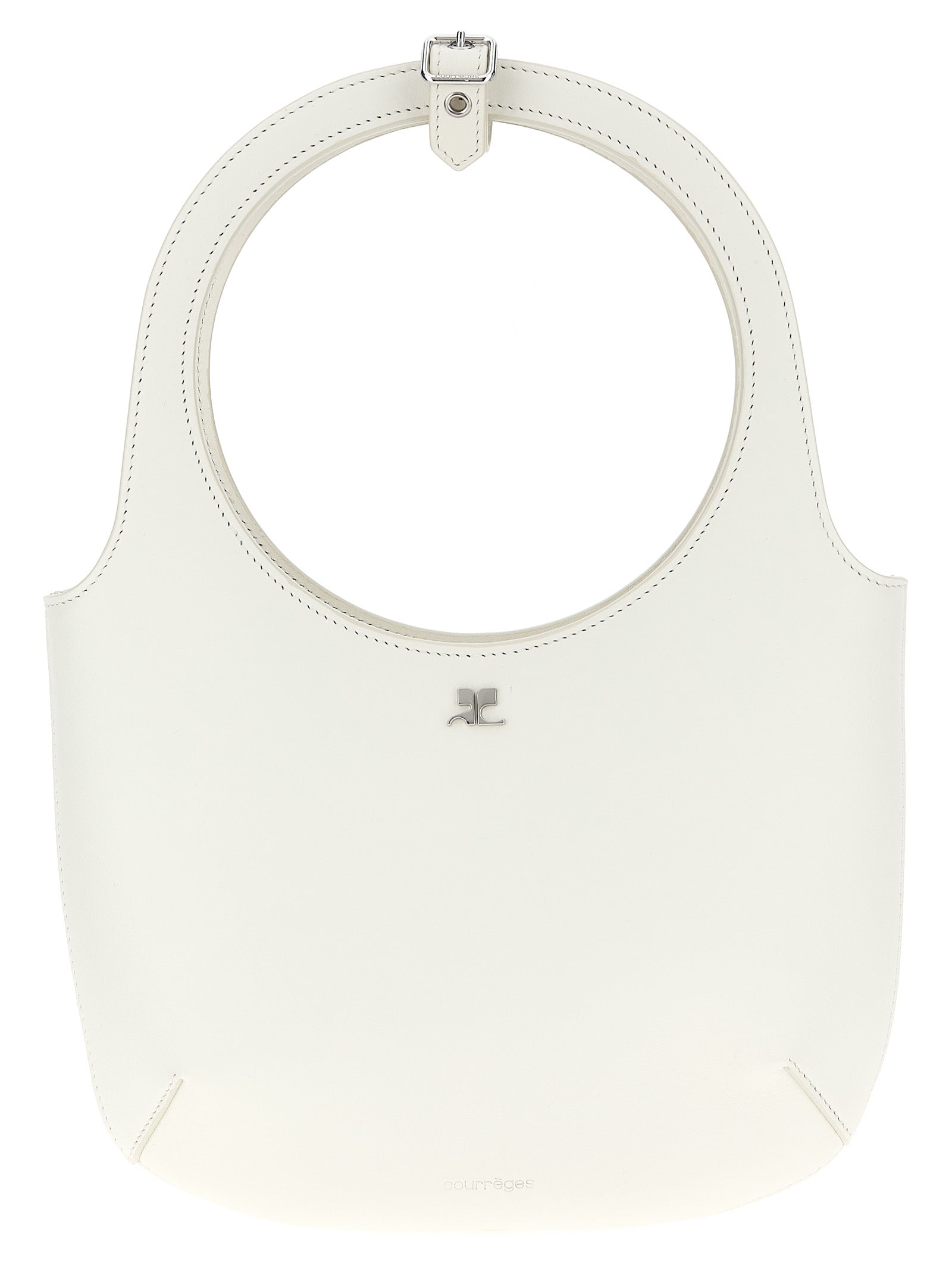Courrèges Holy top handle and shoulder bag in off-white smooth calf leather featuring distinctive buckle handles and a metallic AC logo.