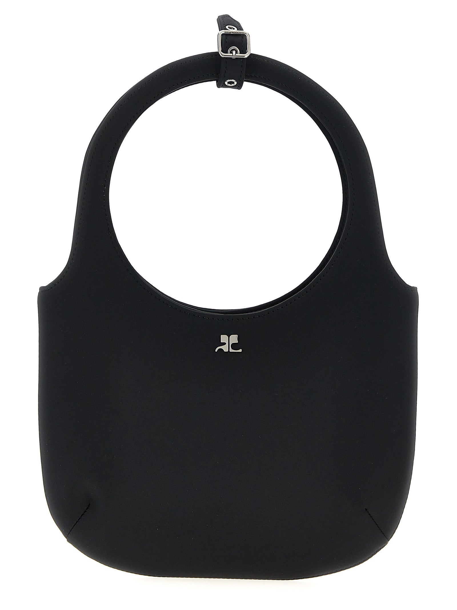 Courrèges Holy Bag in sleek black satin featuring signature buckle-detailed top handles and a silver metallic AC logo.