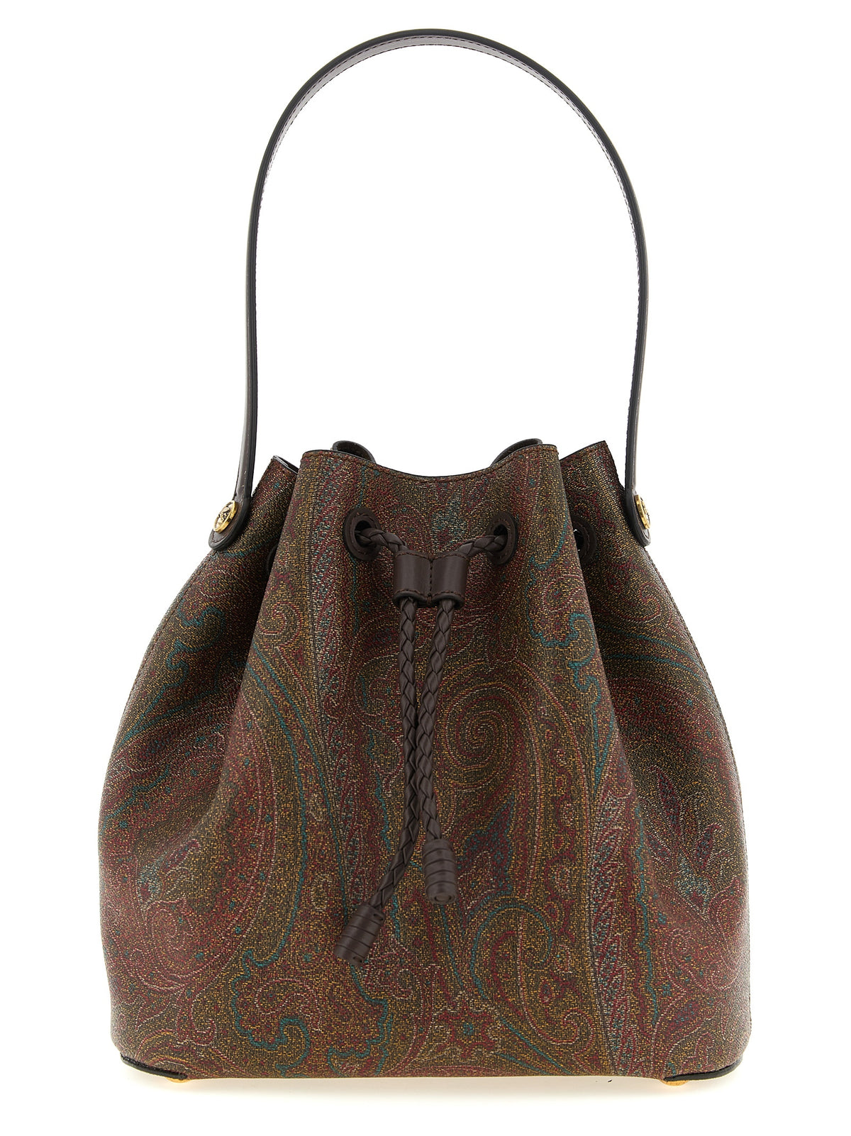 Etro Arnica Small Bucket Bag in brown Paisley jacquard fabric with braided drawstring closure and gold metal feet.