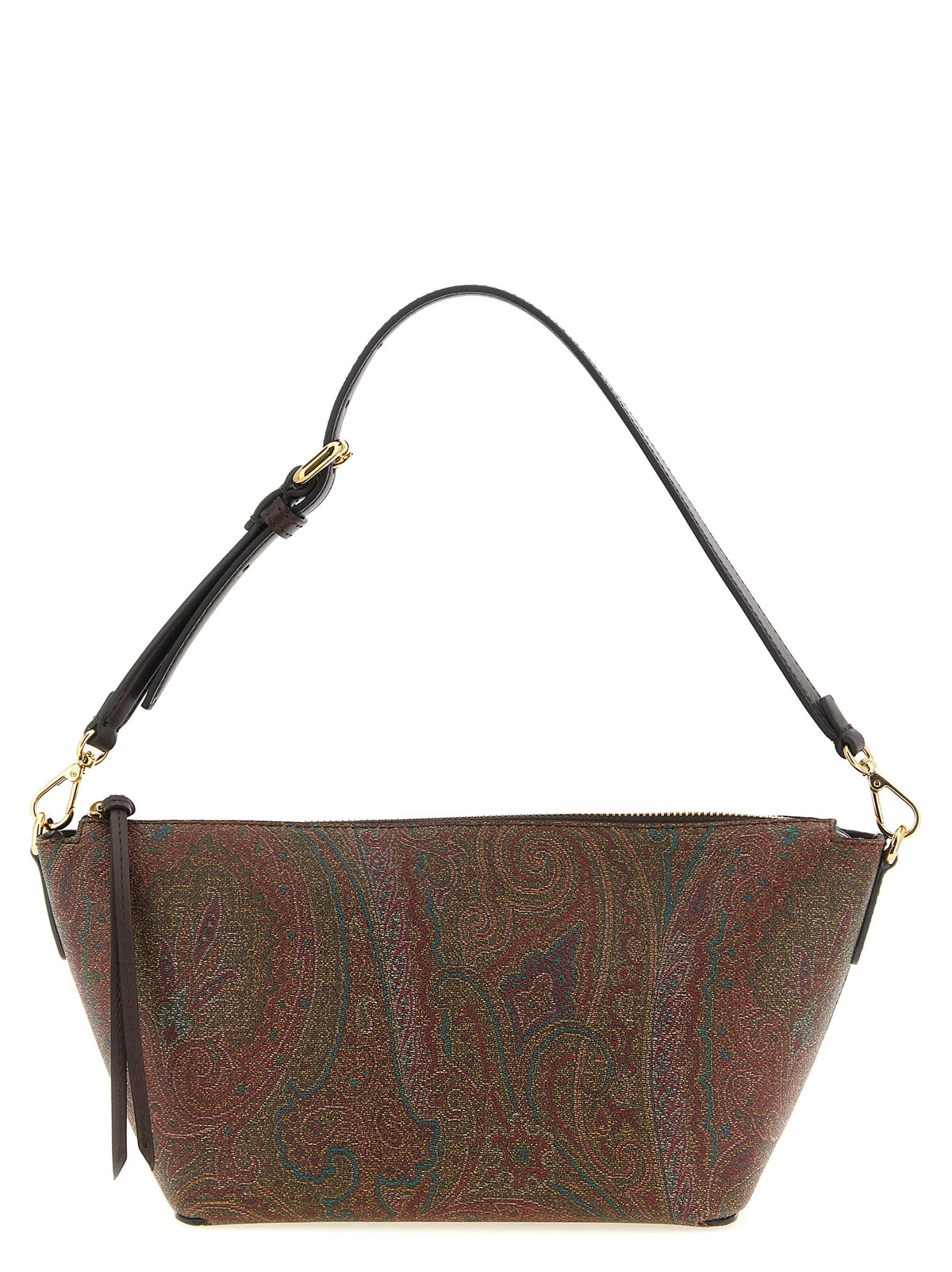 Etro Essential Arnica Crossbody Bag in brown Paisley jacquard fabric with removable calfskin handle and gold hardware.
