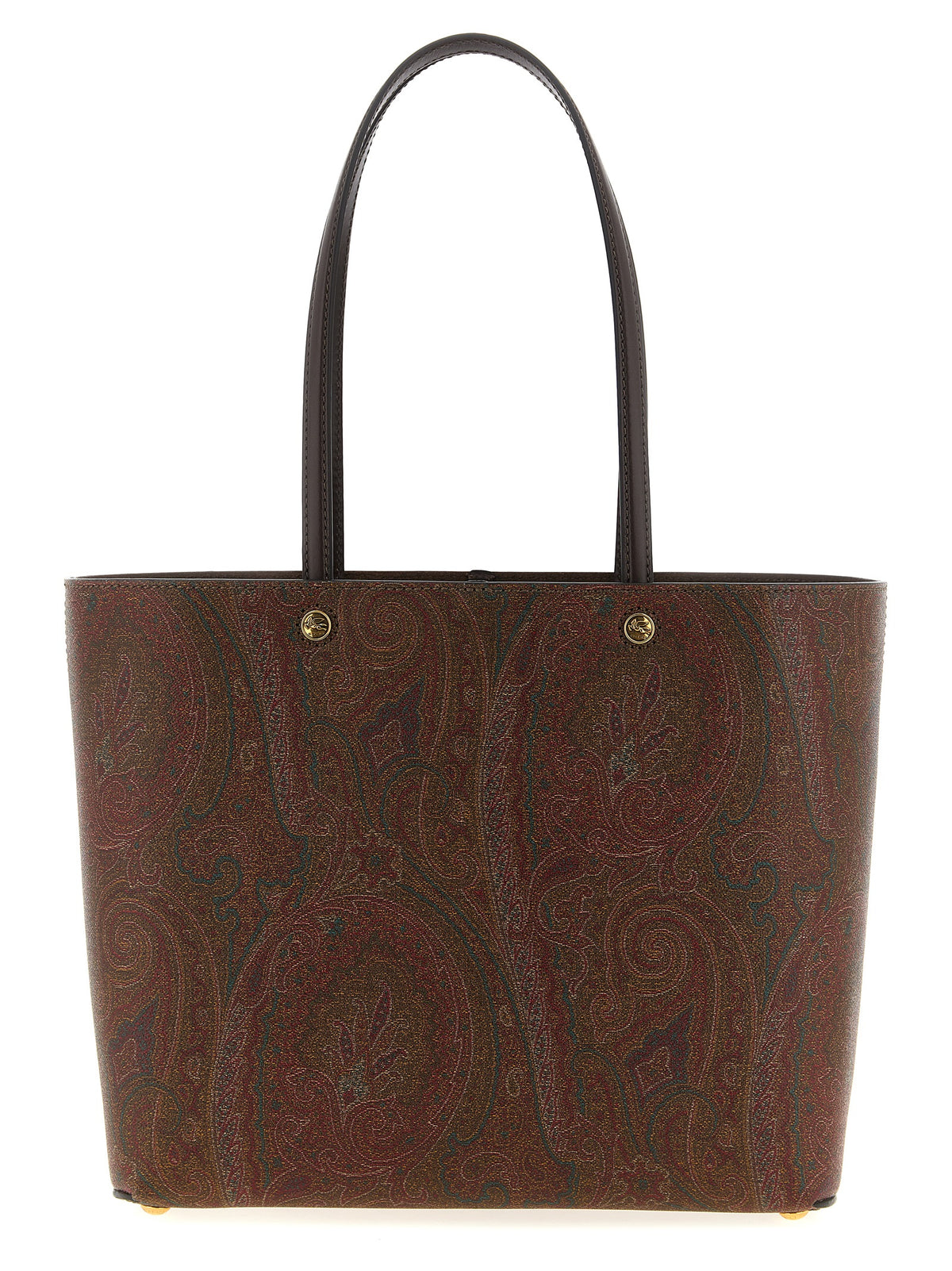 Etro Essential Arnica Medium Tote Bag in brown Paisley jacquard with calfskin handles and gold Pegaso coin accents.