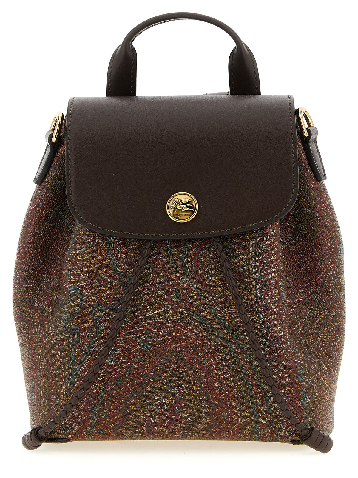 Etro Essential Arnica Small Backpack in brown Paisley jacquard fabric with calfskin flap and gold Pegaso coin medallion.
