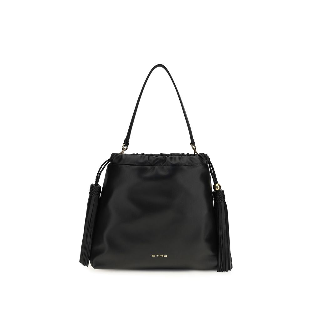 tro Kalispera Medium Black Lambskin Sack Bag with braided drawstring and tassels - The Exclusive Line Singapore luxury e-commerce.