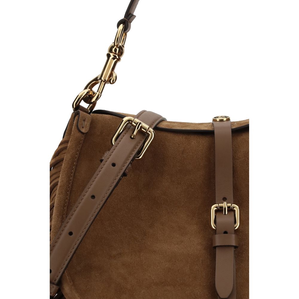 Close-up of leather strap and the functional metal buckle on the Etro Pony Bag.