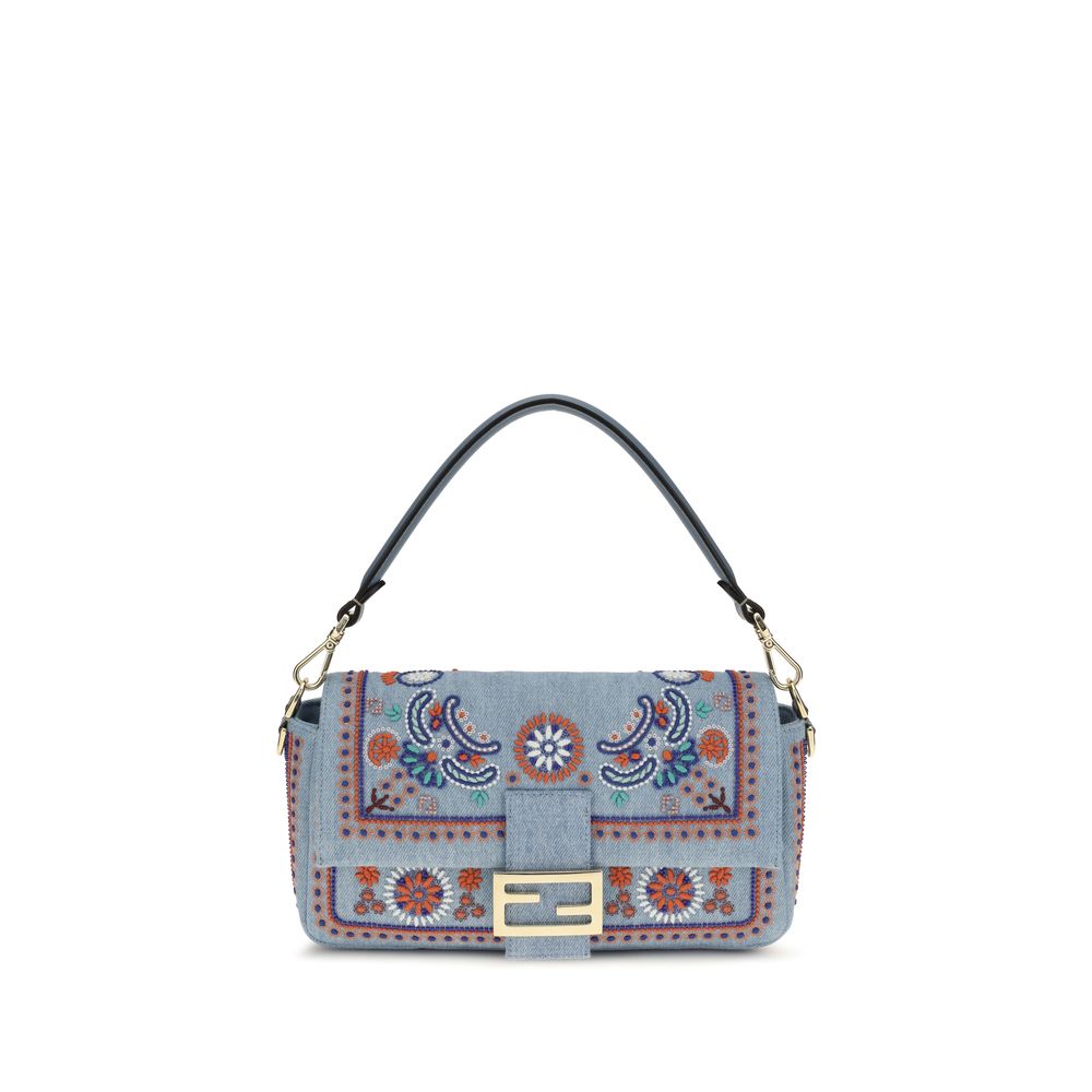 Fendi Medium Baguette bag in light blue organic cotton denim featuring multicolor Venetian murrine bead embroidery and iconic gold FF clasp.
