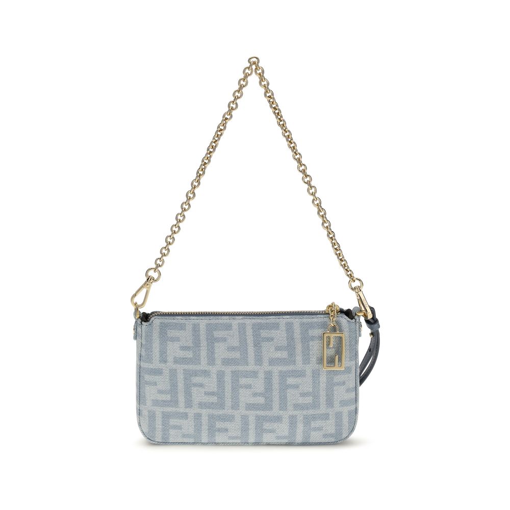Fendi Baguette Pouch in light blue organic cotton FF denim with gold-finish metalware, showing detachable chain and leather shoulder straps.