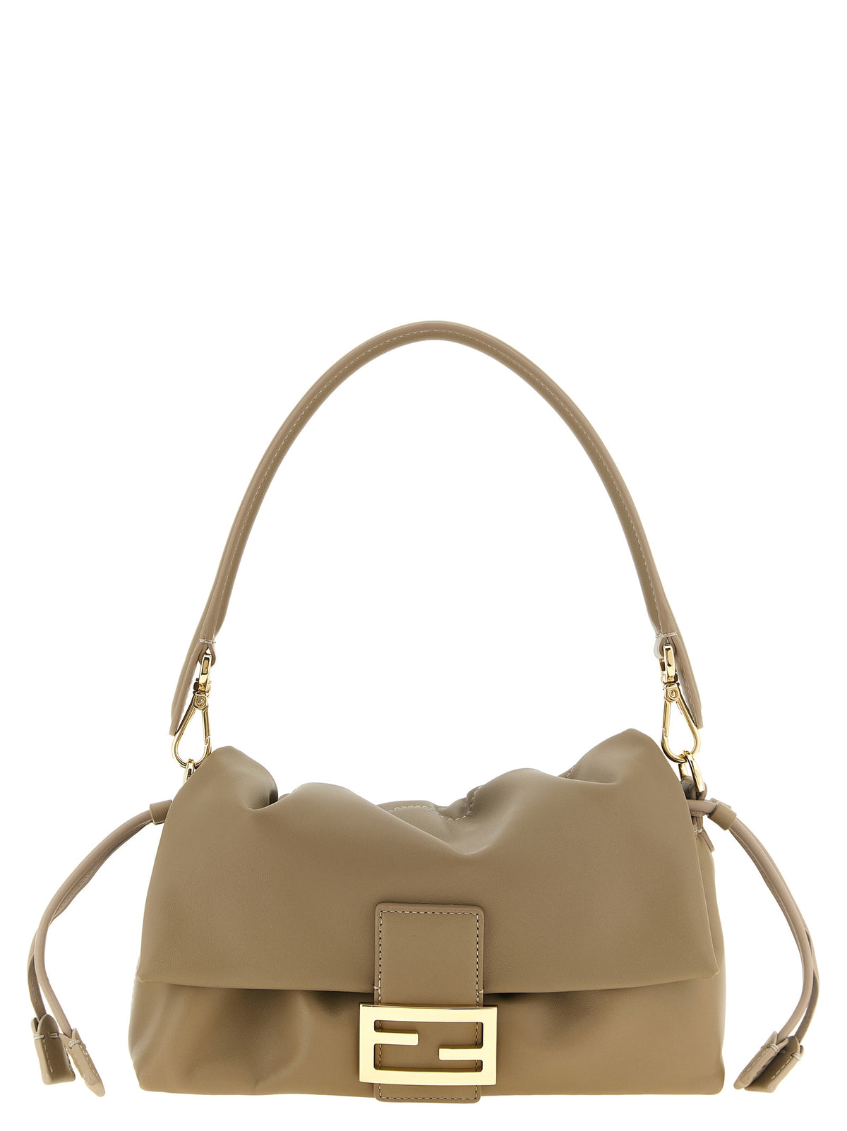 Fendi Baguette Soft Medium bag in dove grey nappa leather with gold FF buckle closure.
