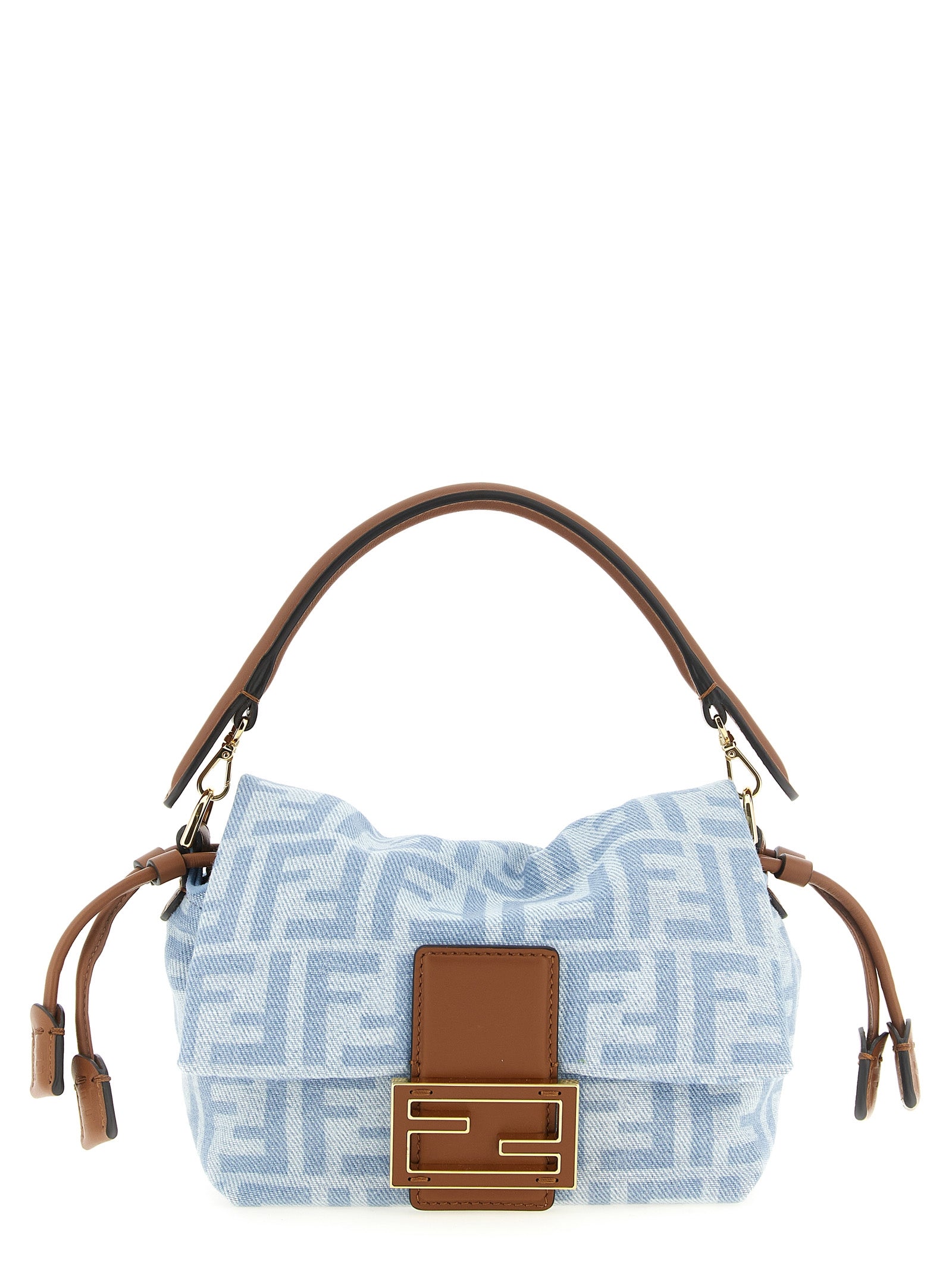 Fendi Baguette Soft Small mini bag in light blue FF denim with sellier brown leather details and gold FF buckle.