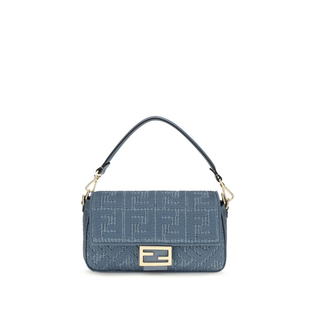 Fendi Medium Baguette bag in blue woven raffia-effect material featuring raised tone-on-tone FF monogram embroidery and cerulean blue leather trim.
