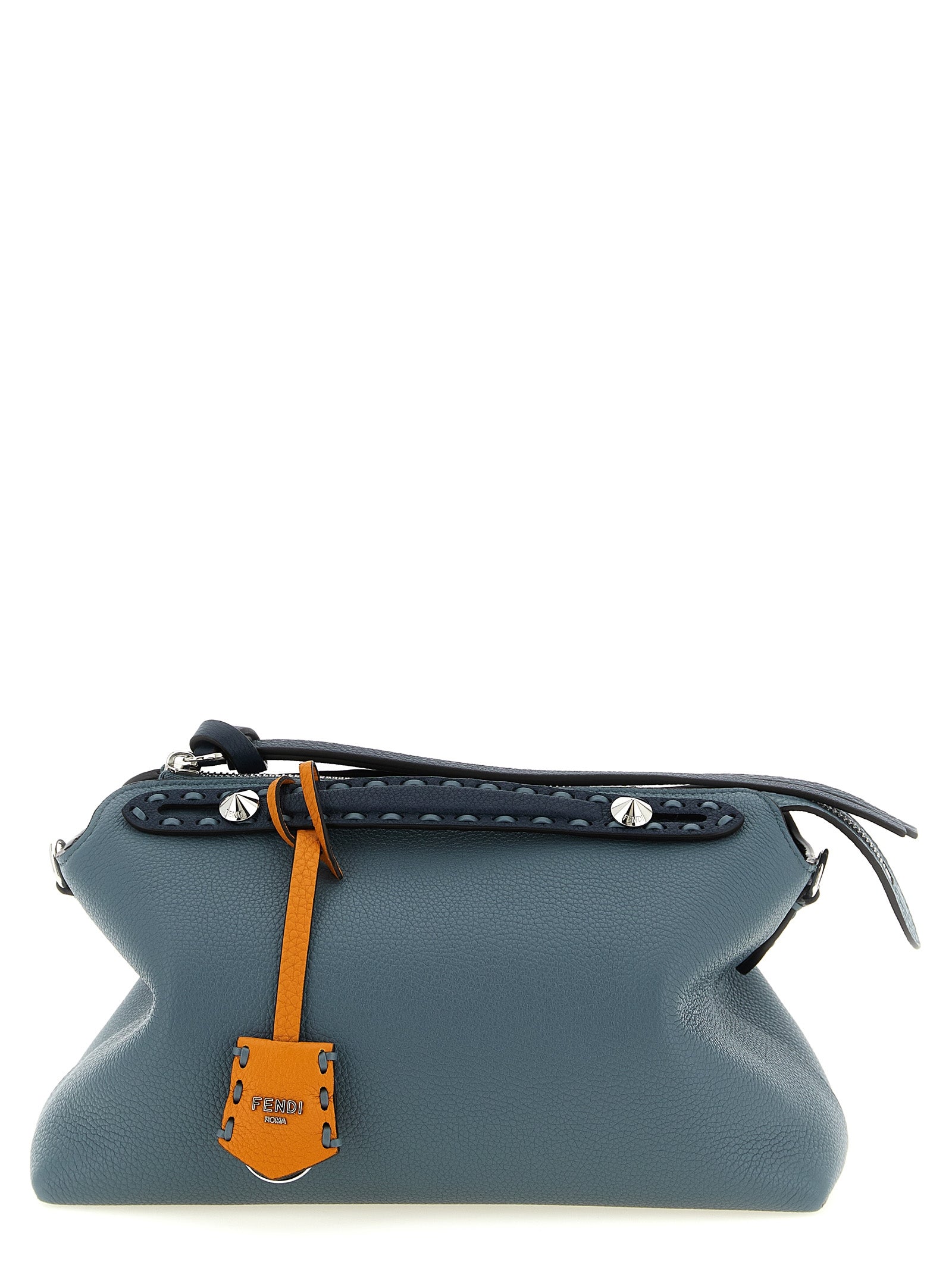 Fendi By The Way Medium Selleria handbag in light blue calfskin leather with macro stitching and contrasting logo tag from The Exclusive Line Singapore.