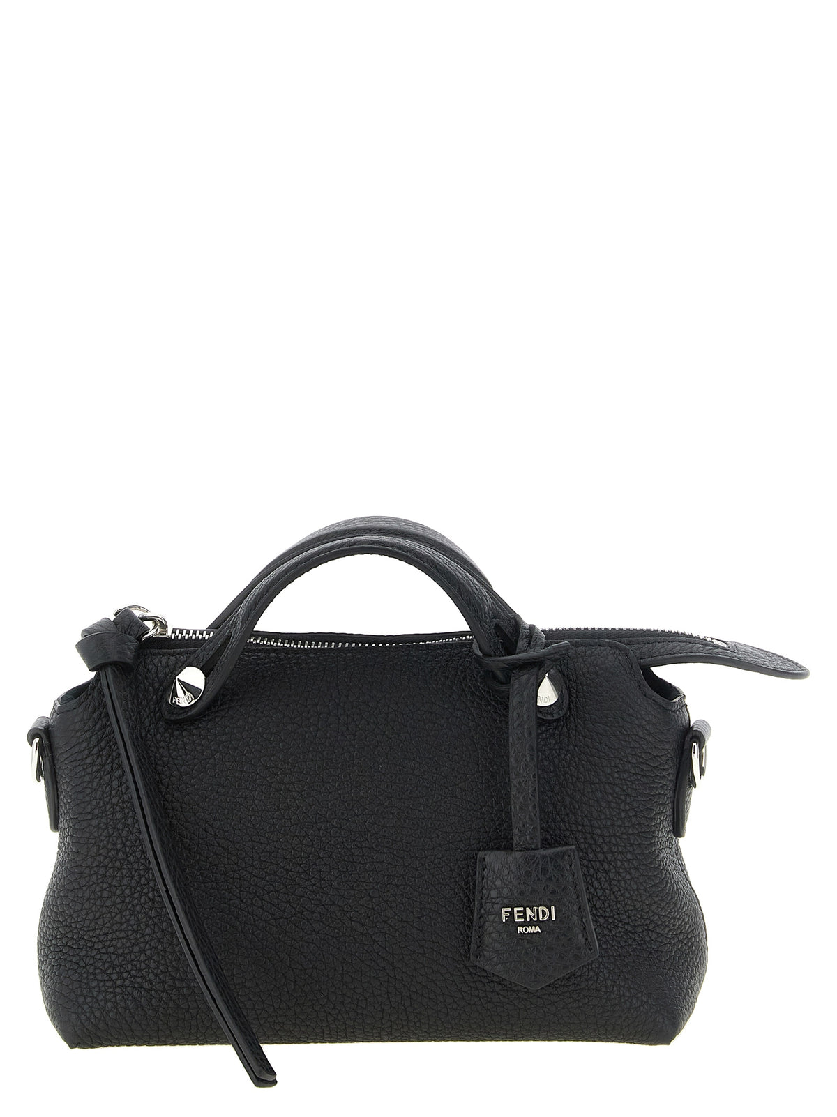 Fendi By The Way Soft Mini Boston handbag in black Cuoio Romano leather with knotted strap and palladium-finish hardware.
