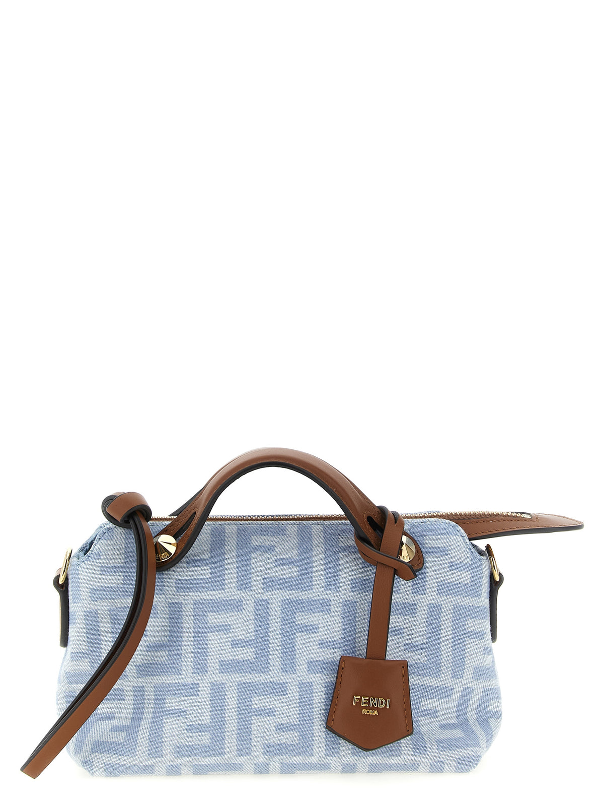 Fendi By The Way Soft Mini bag in light blue FF motif denim with sellier brown leather handles and knotted strap.