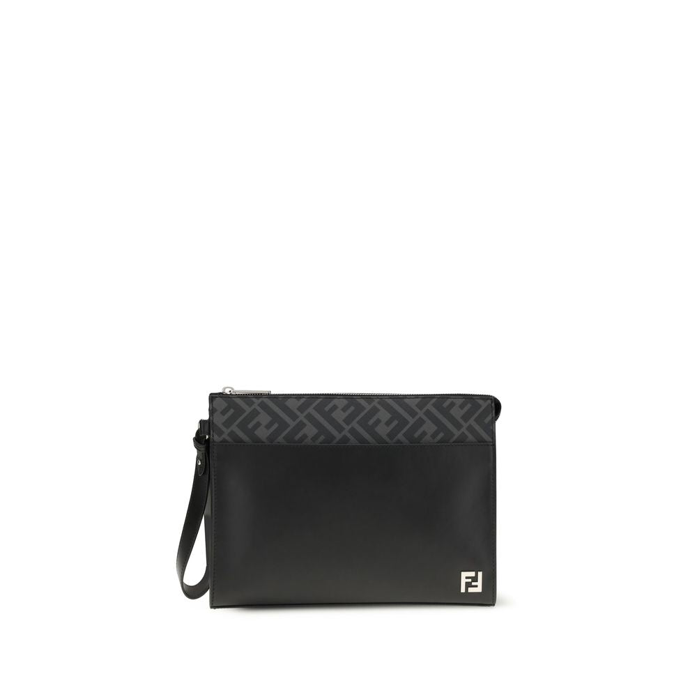 Fendi FF Squared Clutch - Black Leather & Black FF Canvas Pouch from The Exclusive Line Singapore.