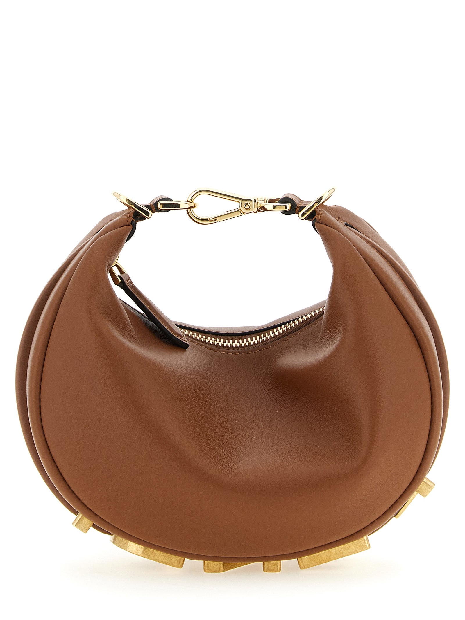Fendi Fendigraphy Mini hobo bag in sellier brown leather with gold metal FENDI lettering.