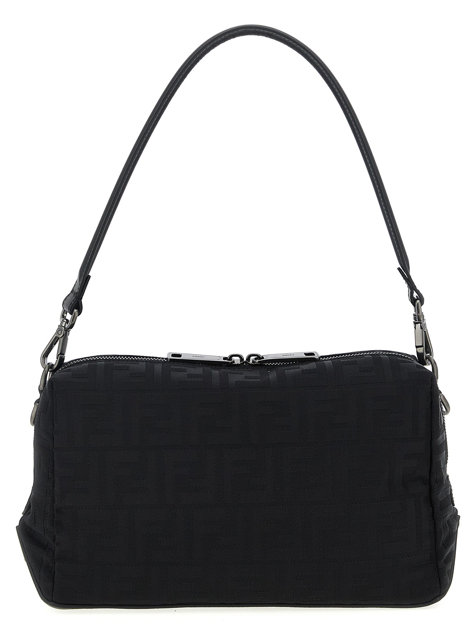 Fendi Lui Medium Squared bag in black padded FF nylon and calf leather with ruthenium corner hardware from The Exclusive Line Singapore.