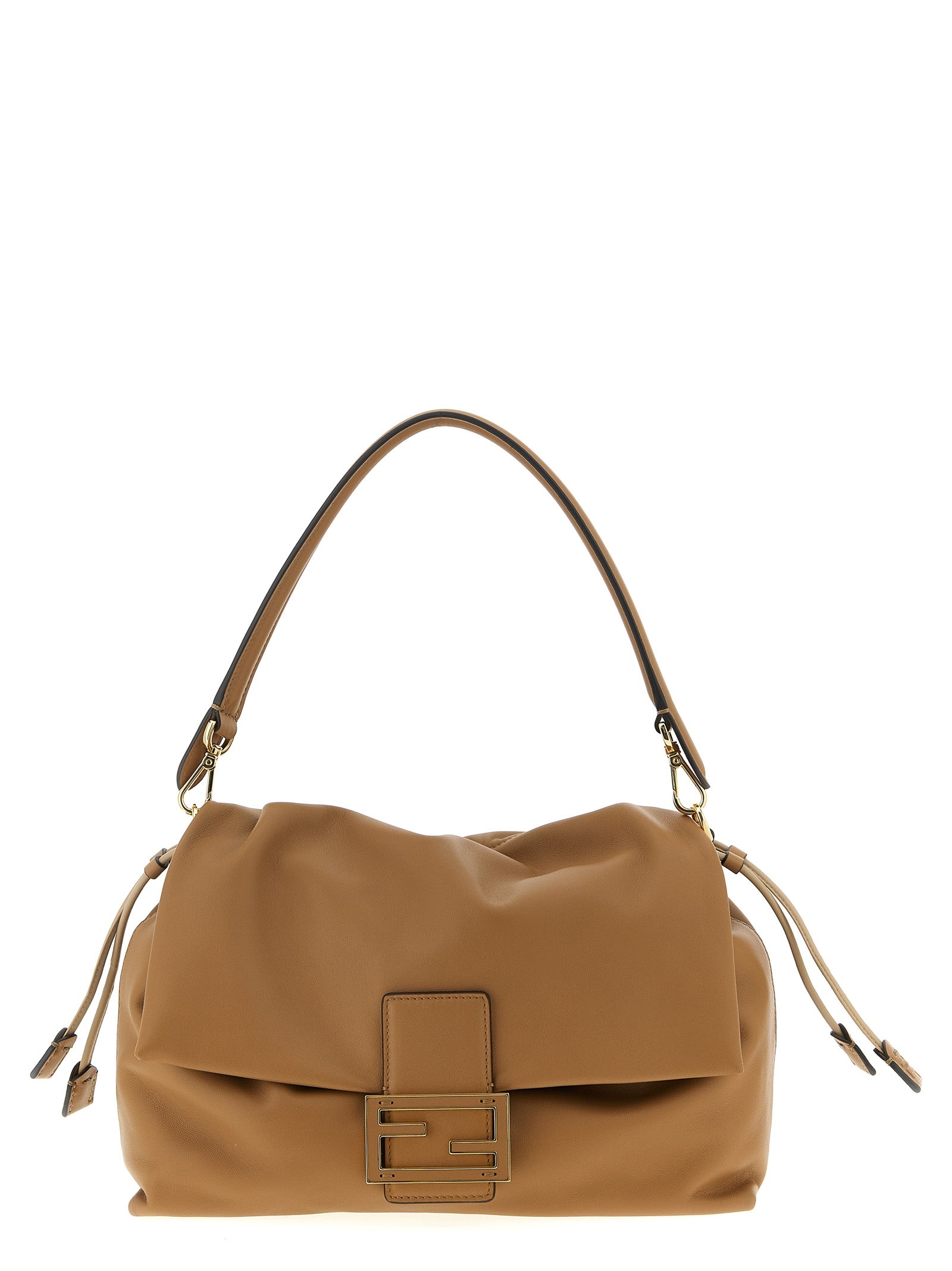 Fendi Large Mamma Baguette bag in cappuccino brown nappa leather with gold FF clasp and shoulder strap from The Exclusive Line Singapore.