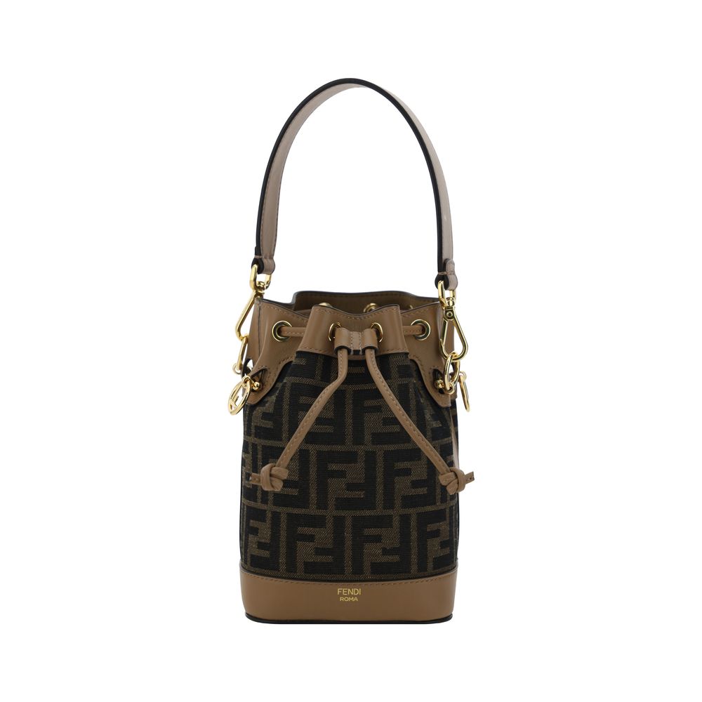 Fendi Mon Tresor Mini Bucket Bag in brown FF jacquard fabric with beige leather straps - The Exclusive Line Singapore