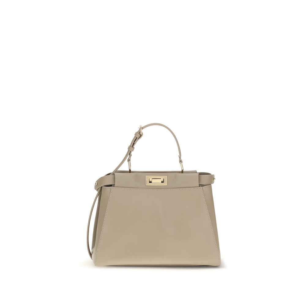 Fendi My Peekaboo Small leather bag in dove grey calfskin with gold twist lock closure.