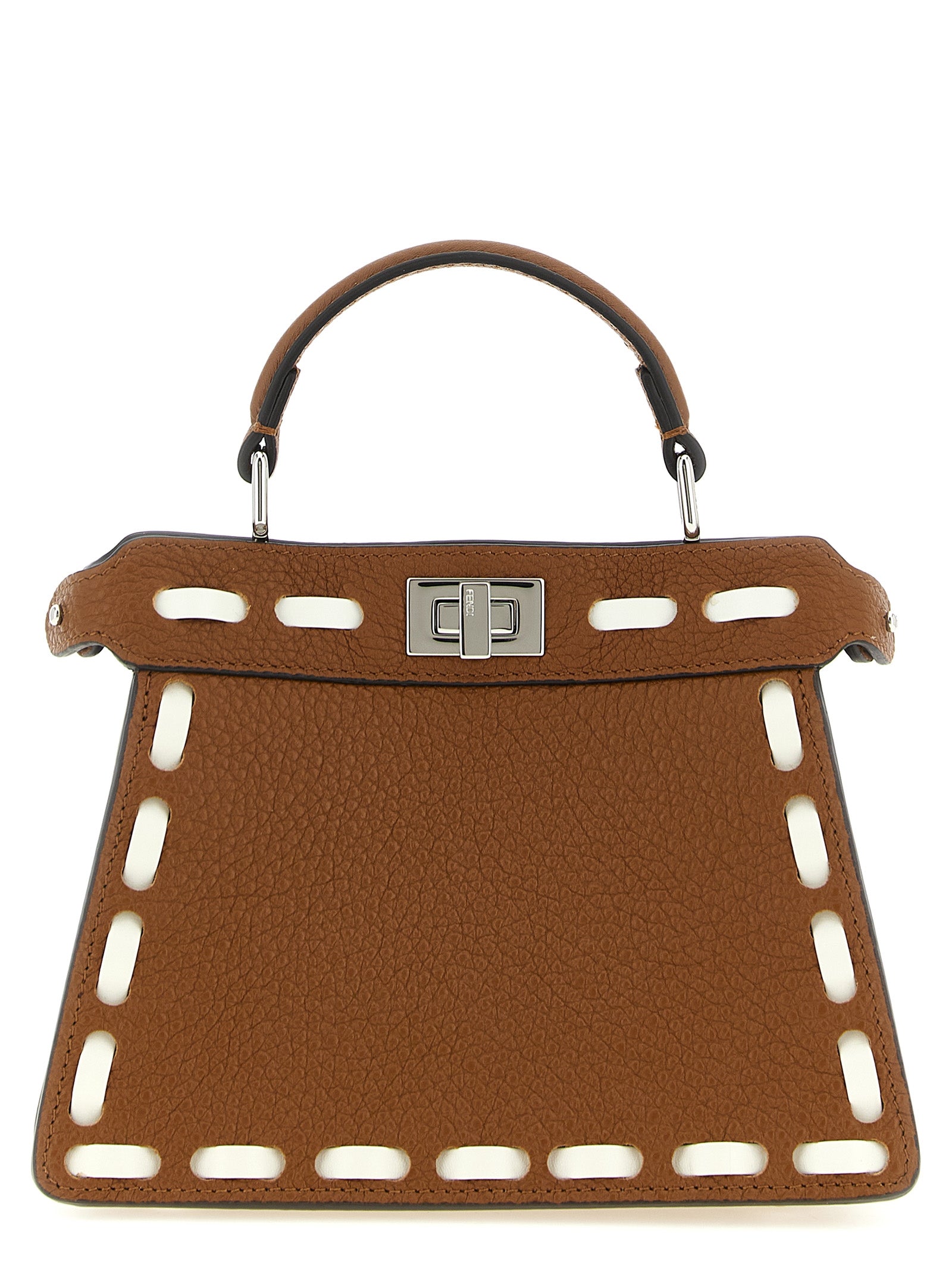Fendi Peekaboo ISeeU Small top handle bag in sellier brown leather with oversized white stitching.
