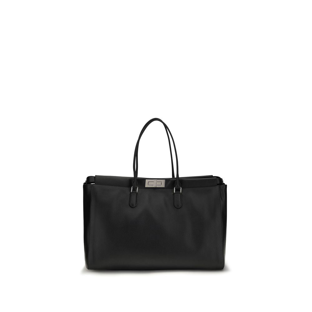 Fendi Peekaboo Tote Large bag in black full-grain calfskin leather with vintage silver twist lock.