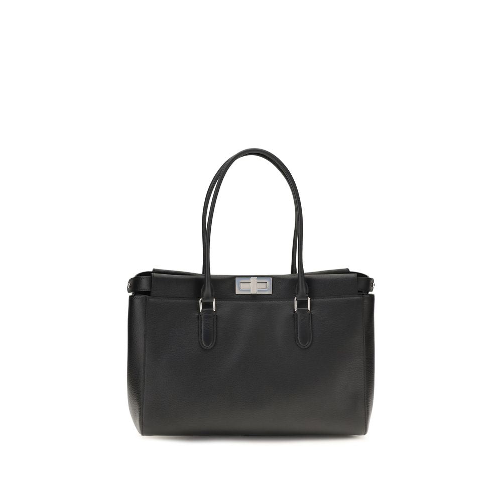 Fendi Peekaboo Tote Small leather bag in black calfskin with palladium twist lock.