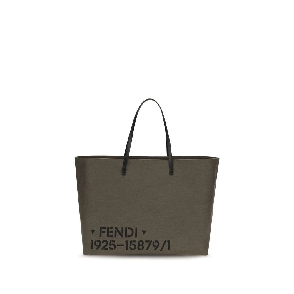 Fendi Roll Large tote bag in khaki green canvas with Fendi Stencil 1925 print and black leather handles.