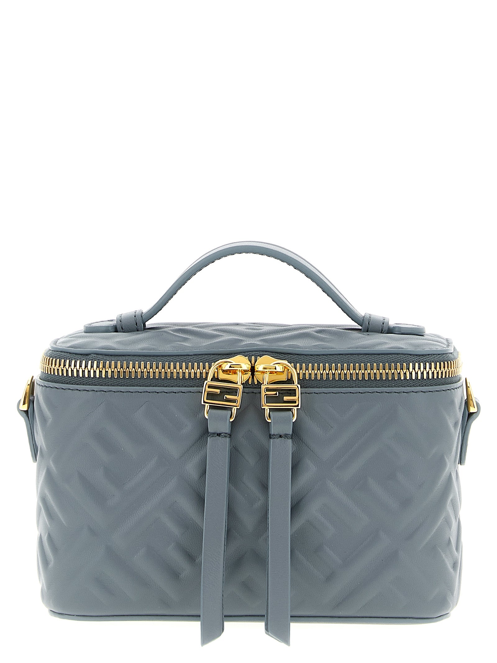 Fendi Vanity Mini bag in mercury blue embossed 3D FF nappa leather with top handle and gold chain strap from The Exclusive Line Singapore.