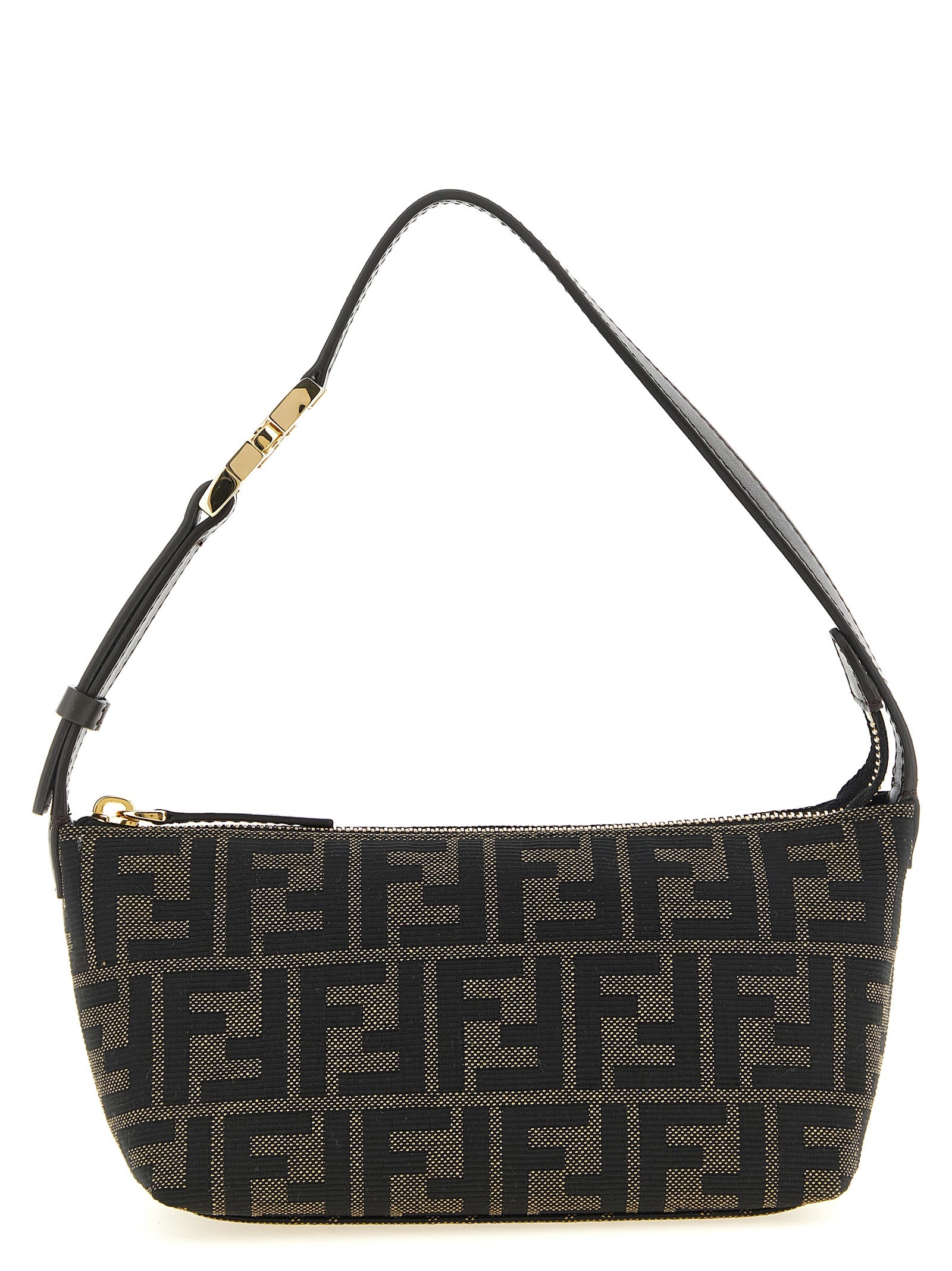 Fendi Vanity Pouch Small in FF Zucca jacquard fabric with ebony black leather trim and gold FF buckle strap.
