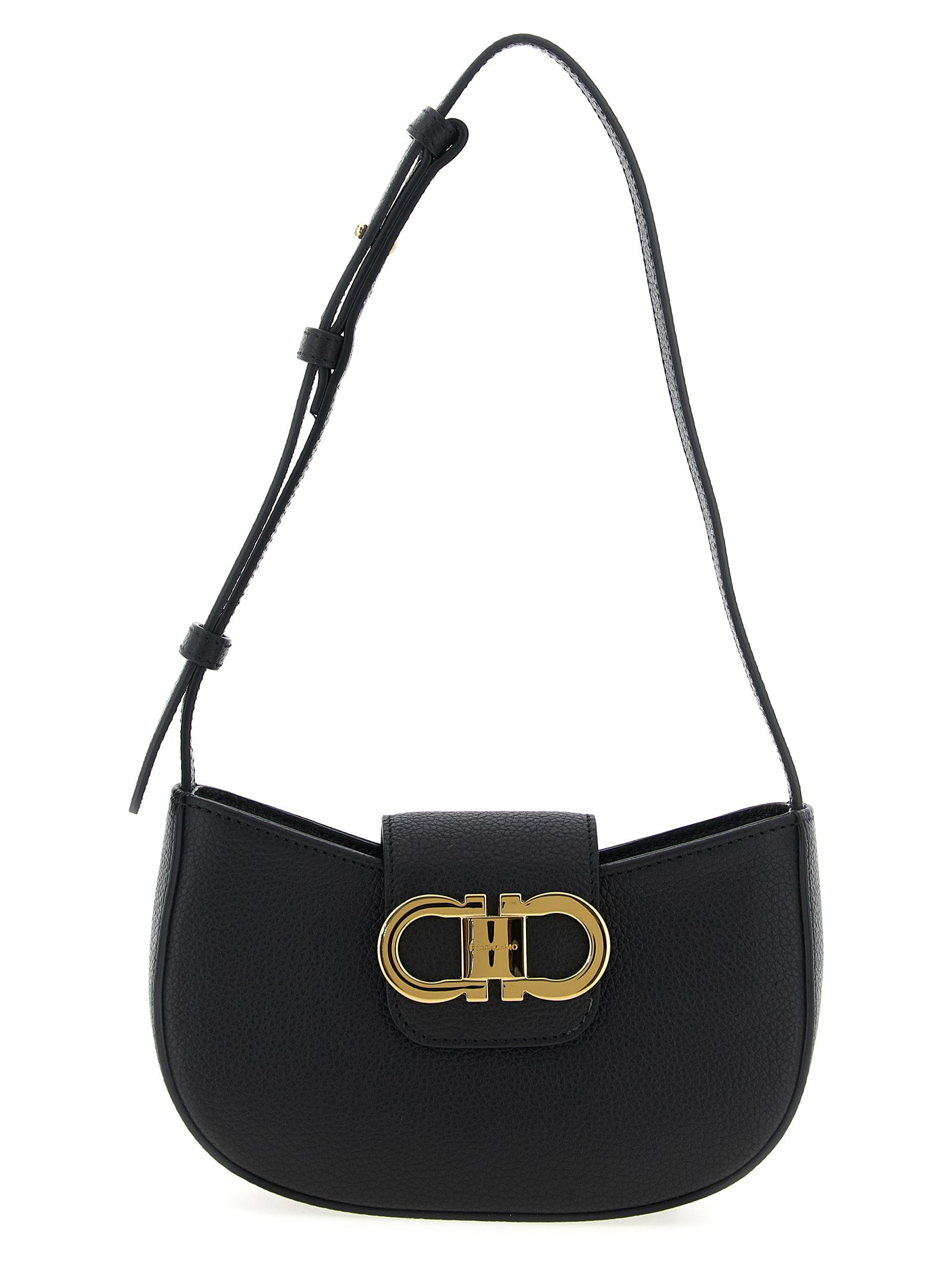 Ferragamo Double Gancini Mini Shoulder Bag in Black Hammered Calfskin