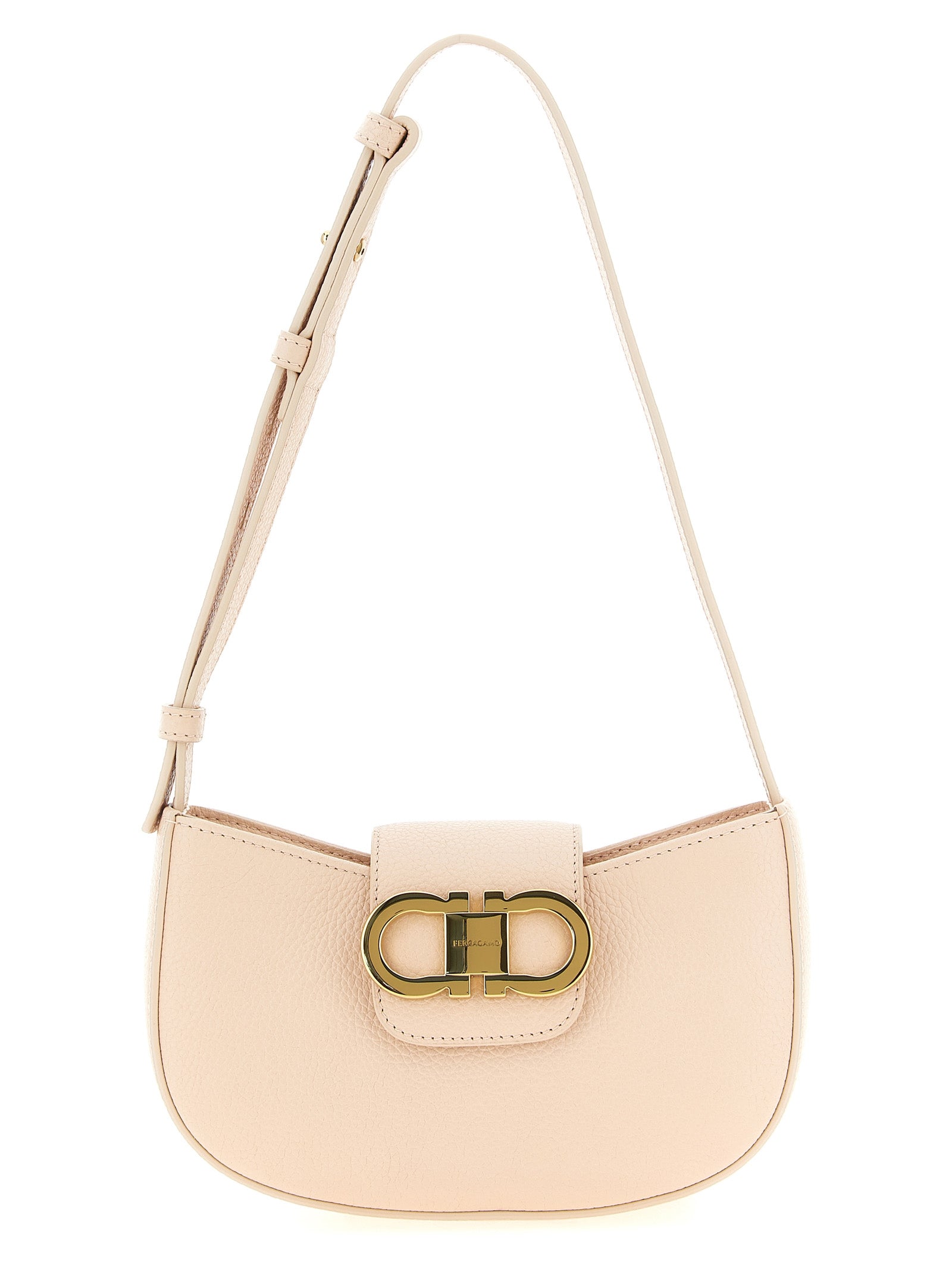 Ferragamo Double Gancini Mini Shoulder Bag in Ballet Pink Hammered Calfskin.