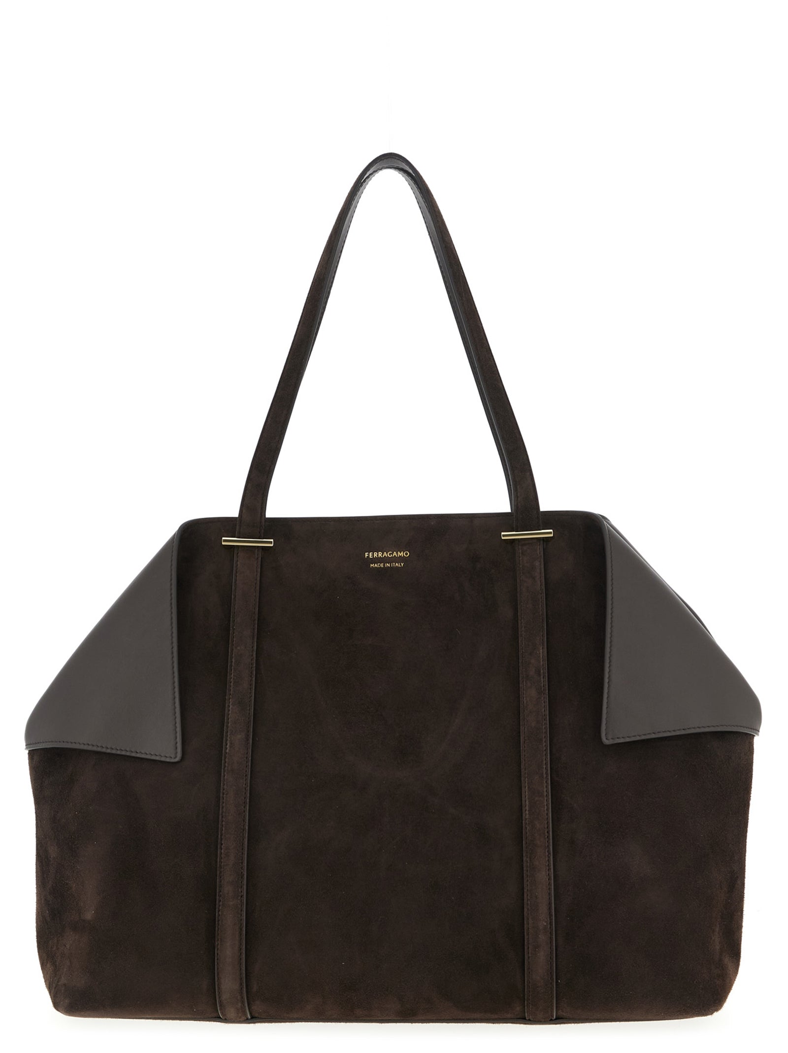 Ferragamo Folded Large Tote Bag in Dark Brown calfskin suede with extended shoulder handles and gold Gancini hardware accents at The Exclusive Line Singapore.