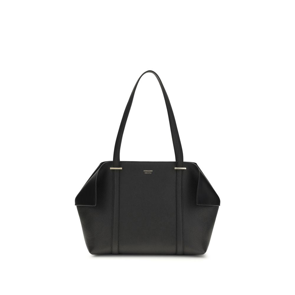 Ferragamo Folded Medium Tote Bag in Black calfskin leather with extended shoulder handles and gold clasp at The Exclusive Line Singapore.