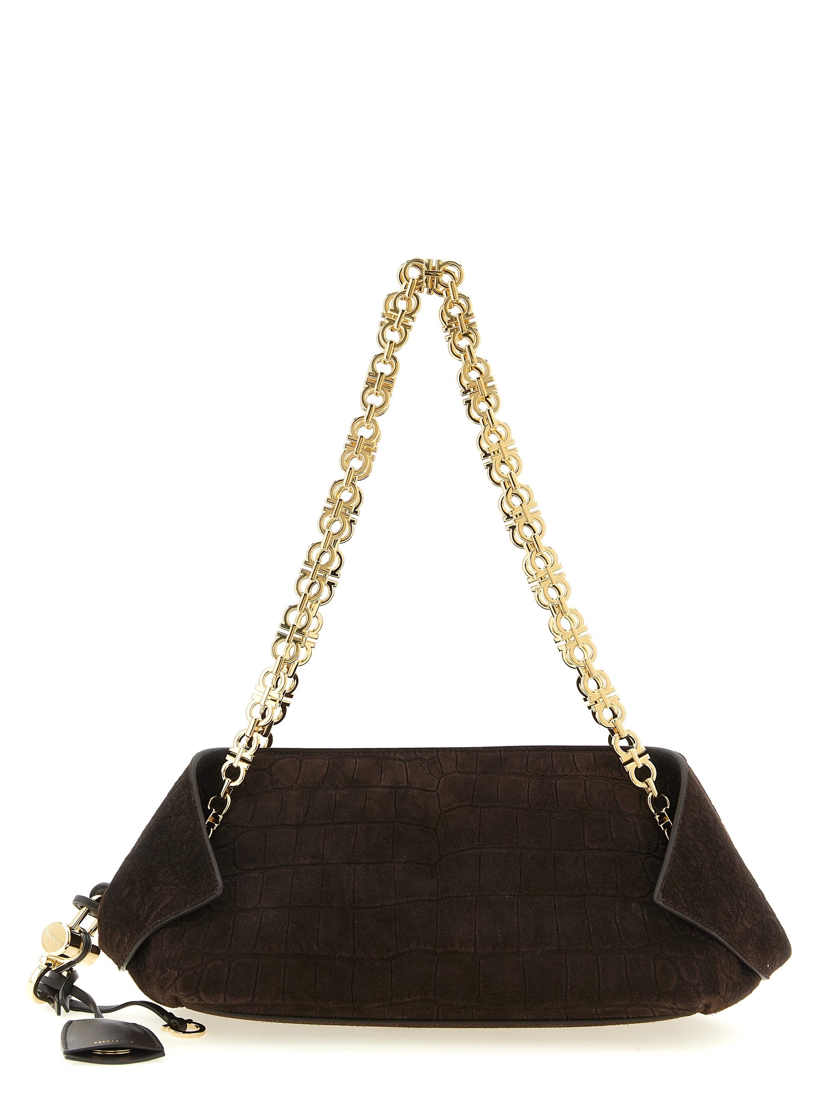 Ferragamo Gancini Chain Folded Shoulder Bag in Testa di Moro dark brown alligator print with gold chain strap at The Exclusive Line Singapore.
