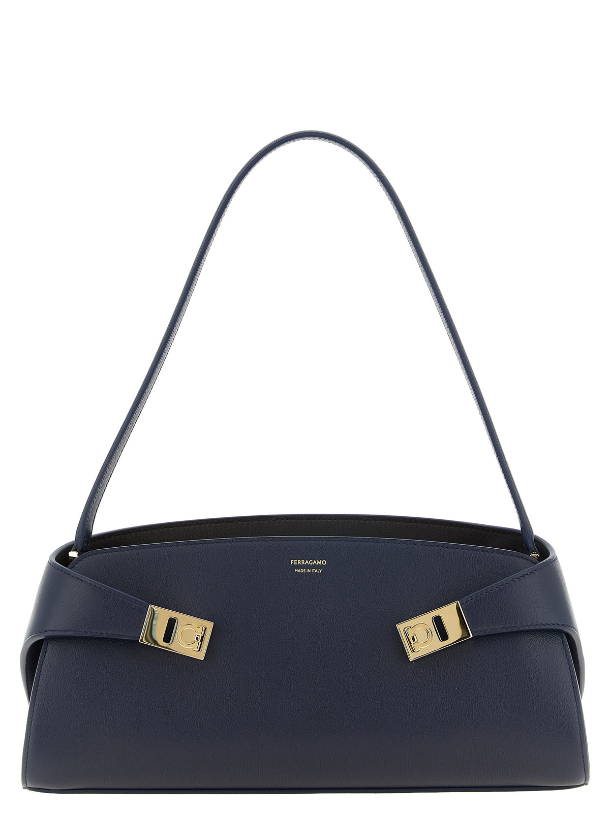 Ferragamo Hug East-West shoulder bag in dark navy blue calfskin leather with polished gold Hug buckles.