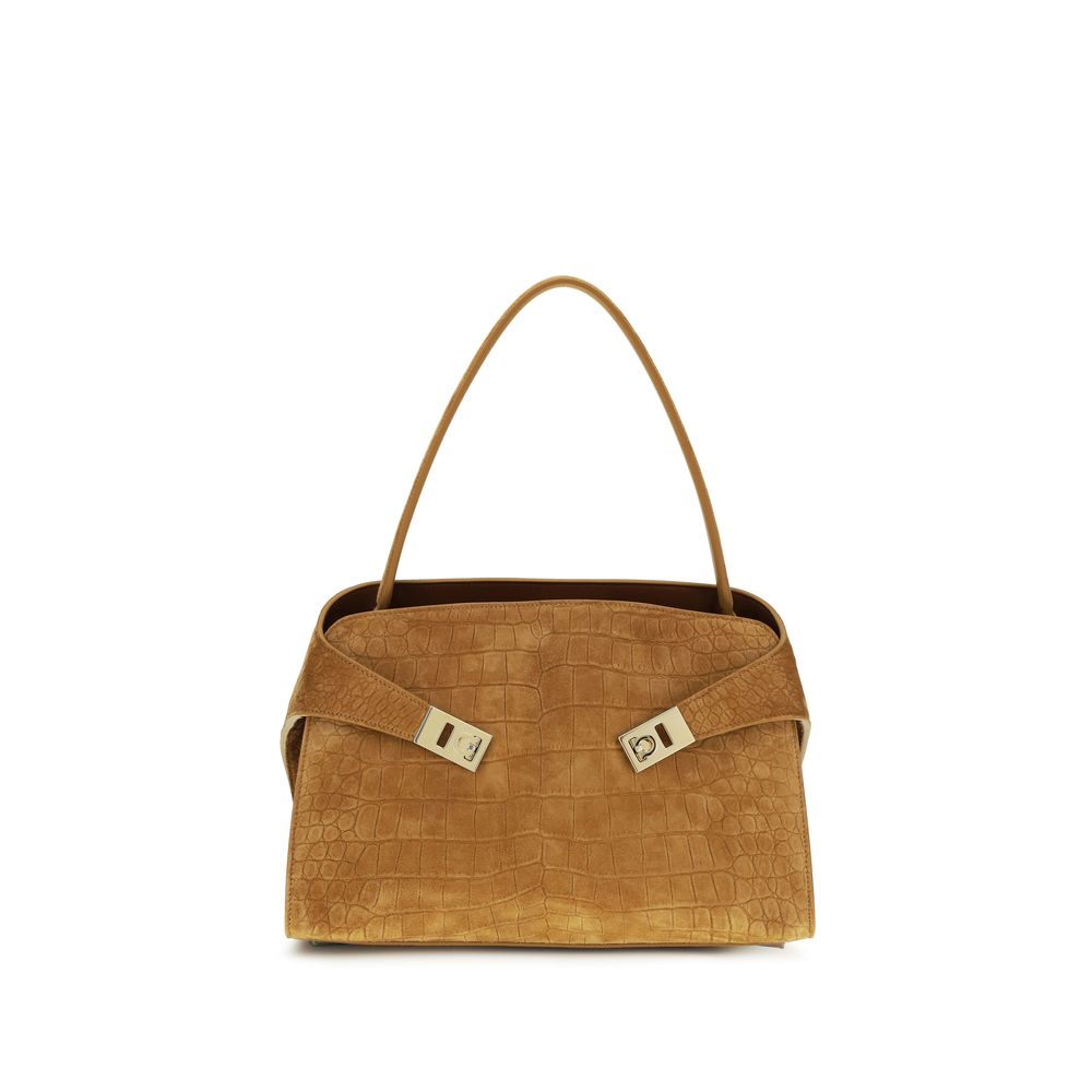 Ferragamo Hug Medium Soft Shoulder Bag in Natural Brown alligator-print and suede leather with gold hardware at The Exclusive Line Singapore.