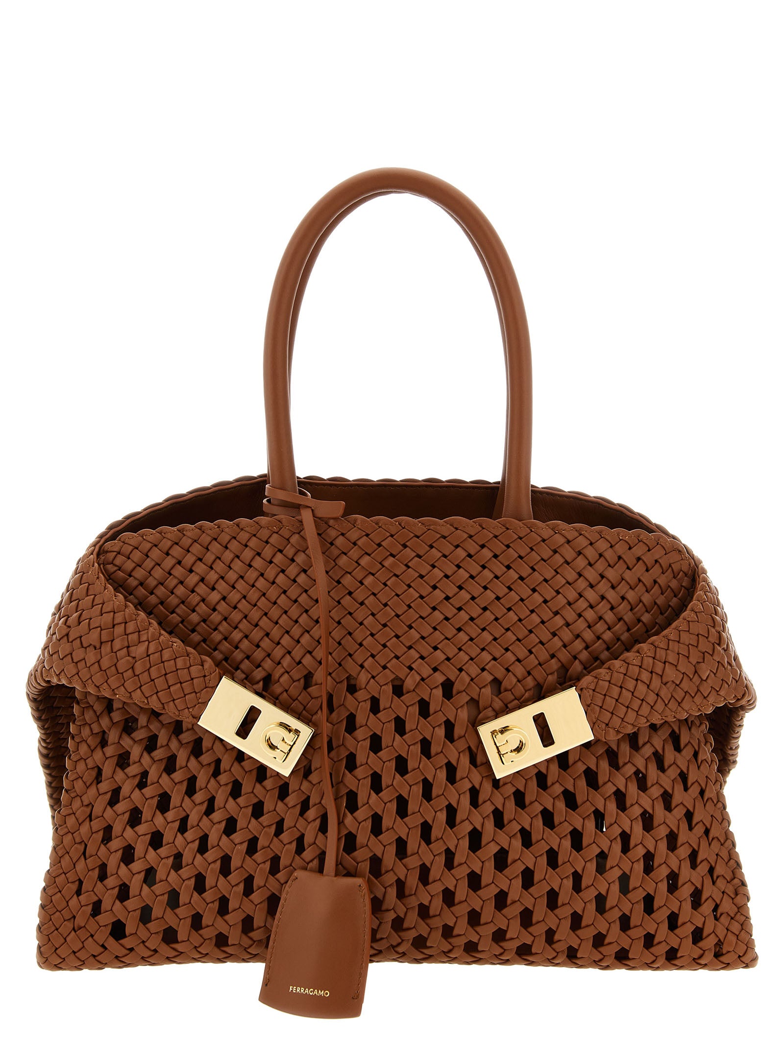 Ferragamo Hug Woven Handbag in Cognac tan nappa leather featuring Vienna weave and golden Hug buckles at The Exclusive Line Singapore.