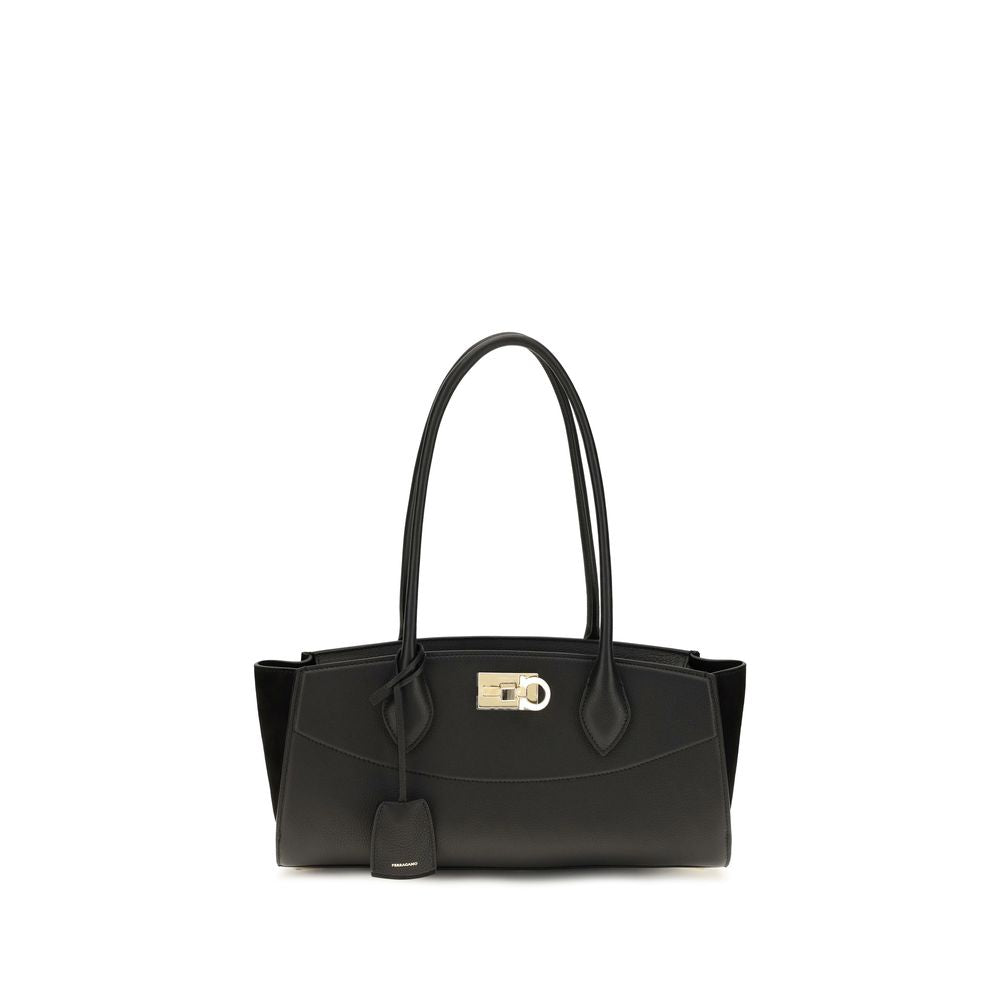 Ferragamo New Studio Soft East West Bag in Black Hammered Calfskin Leather