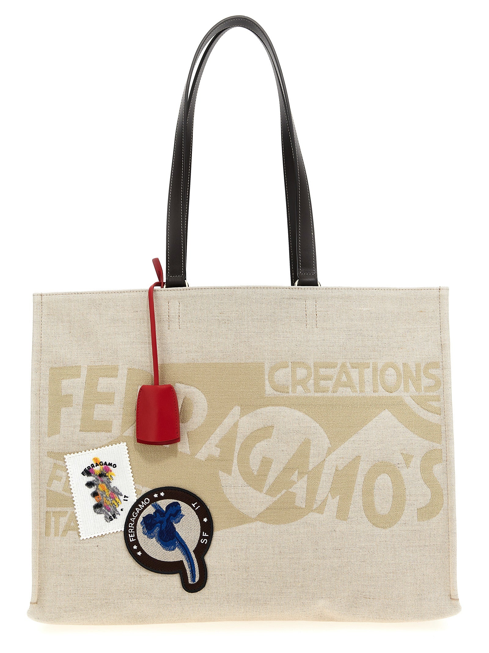 Ferragamo Tote Bag with Logo in Beige Canvas jacquard fabric with tan calfskin leather handles and gold metal charm at The Exclusive Line Singapore.